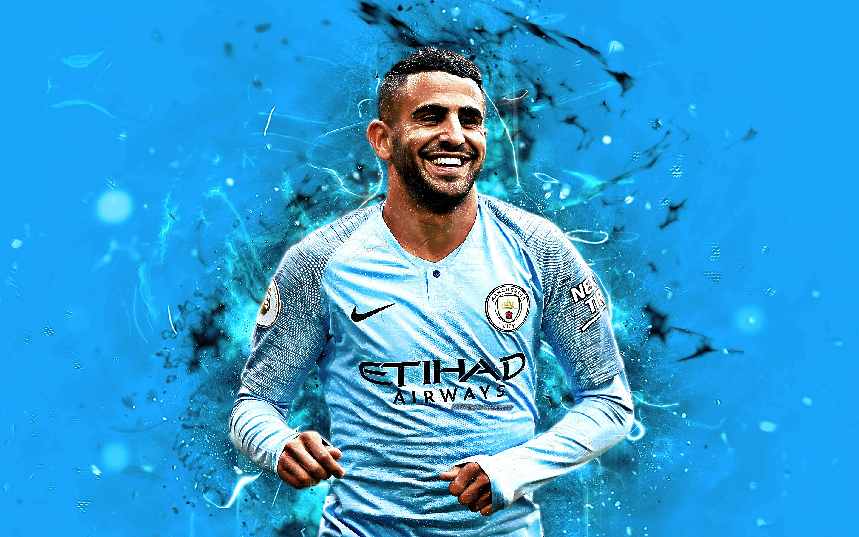Download wallpaper Riyad Mahrez, Algerian footballer, Manchester City FC, soccer, Mahrez, Premier League, Man City, neon lights for desktop with resolution 2880x1800. High Quality HD picture wallpaper