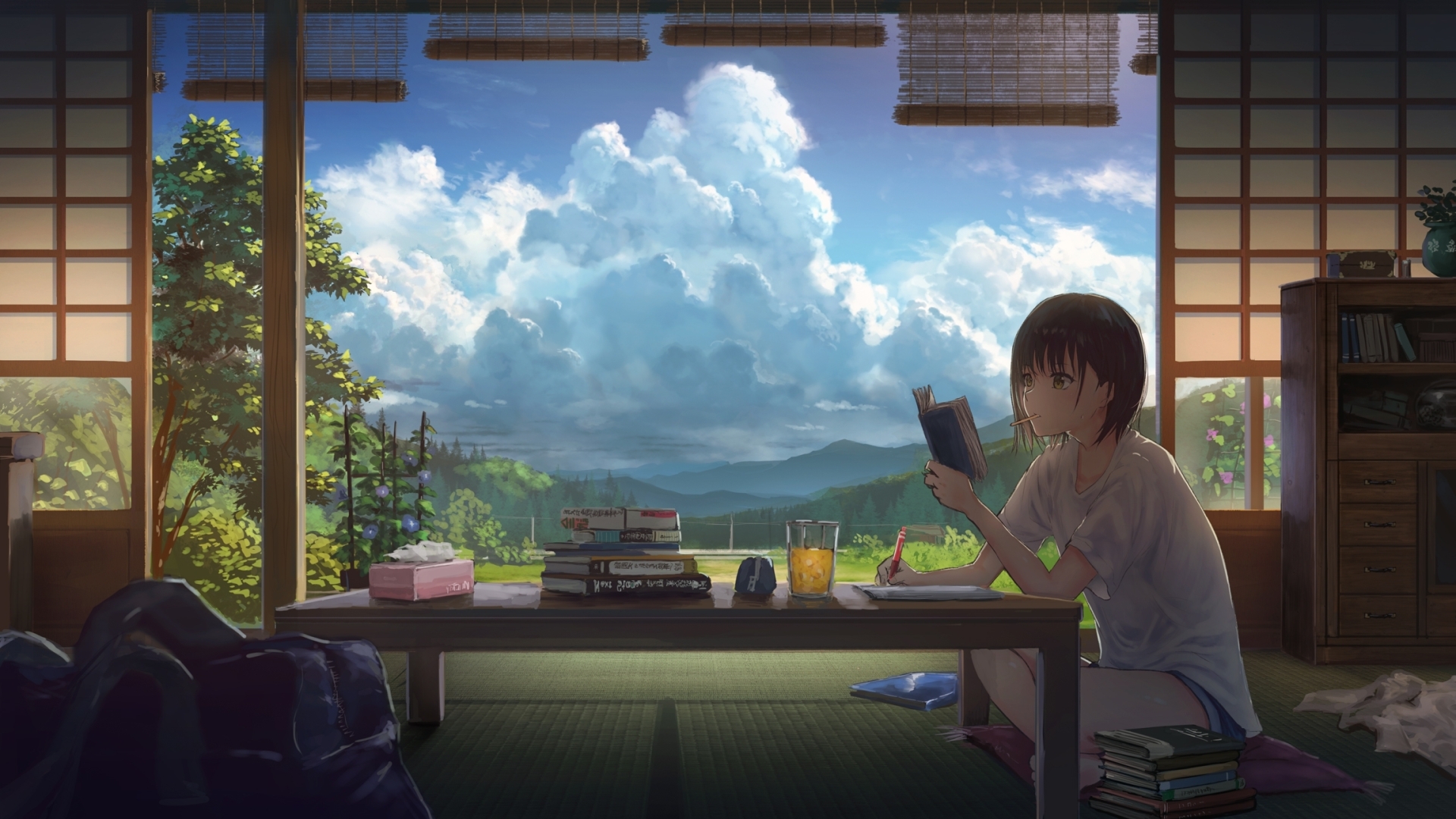 Wallpaper Clouds, Anime Girl, Scenic, Short Hair, Reading, Summer:2304x1296