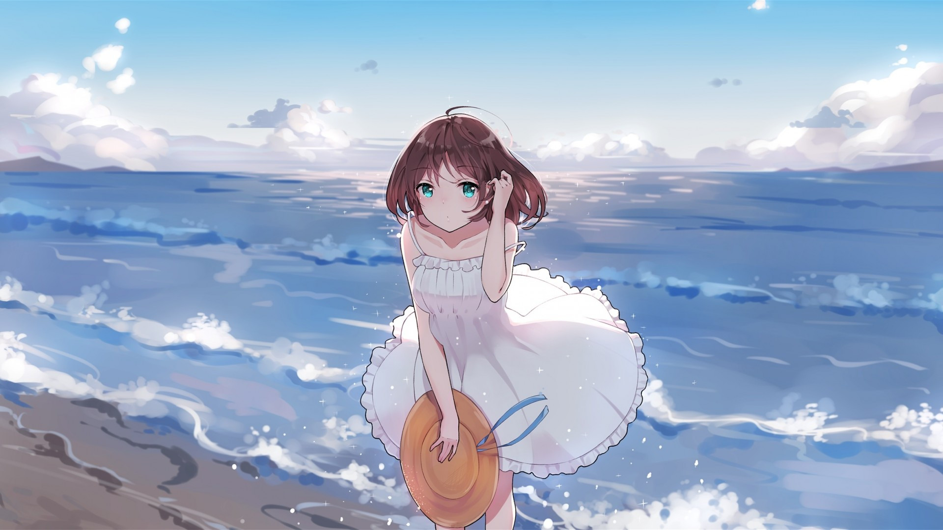 Download 1920x1080 Summer Dress, Anime Girl, Ocean, Waves, Beach, Short Hair Wallpaper for Widescreen