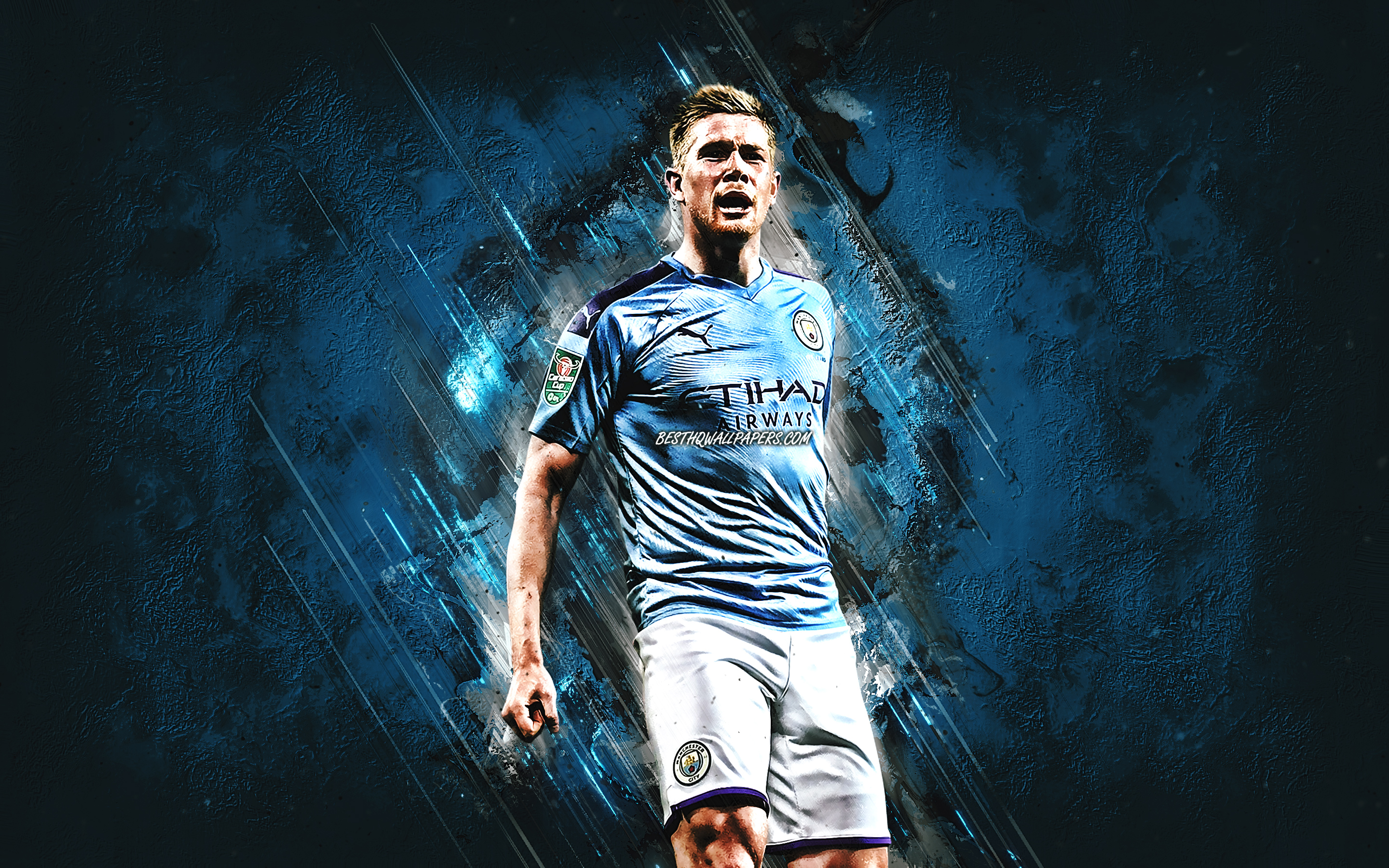 Download wallpaper Kevin De Bruyne, Manchester City FC, Belgian football player, attacking midfielder, portrait, blue stone background, Premier League, football for desktop with resolution 2880x1800. High Quality HD picture wallpaper