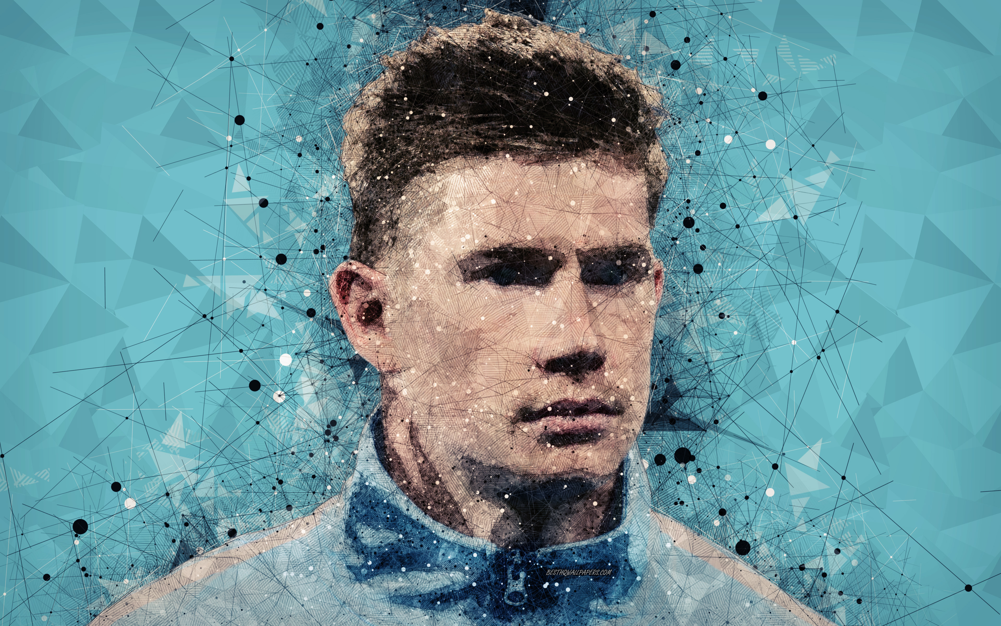 Download wallpaper Kevin De Bruyne, 4k, face, creative art portrait, geometric art, Belgian football player, Manchester City, Premier League, England, football for desktop with resolution 3840x2400. High Quality HD picture wallpaper