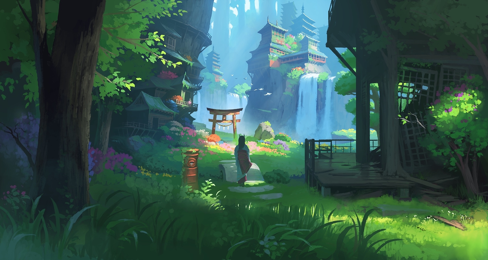 Wallpaper Horns, Anime Landscape, Fantasy, Asian Buildings, Japanese Clothes, Waterfall:2000x1067