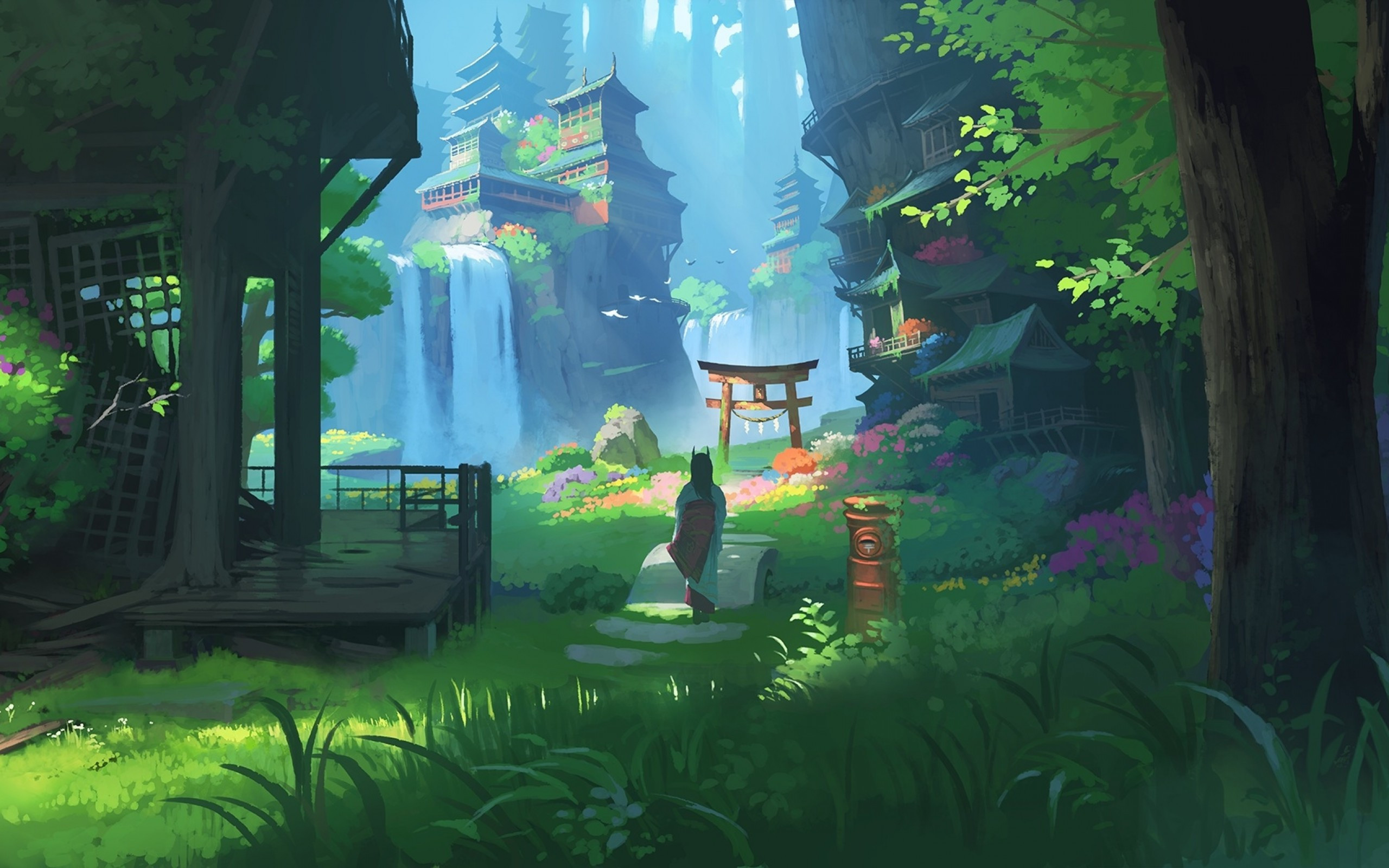 Download 2560x1600 Anime Landscape, Waterfall, Fantasy, Asian Buildings, Japanese Clothes, Horns Wallpaper for MacBook Pro 13 inch