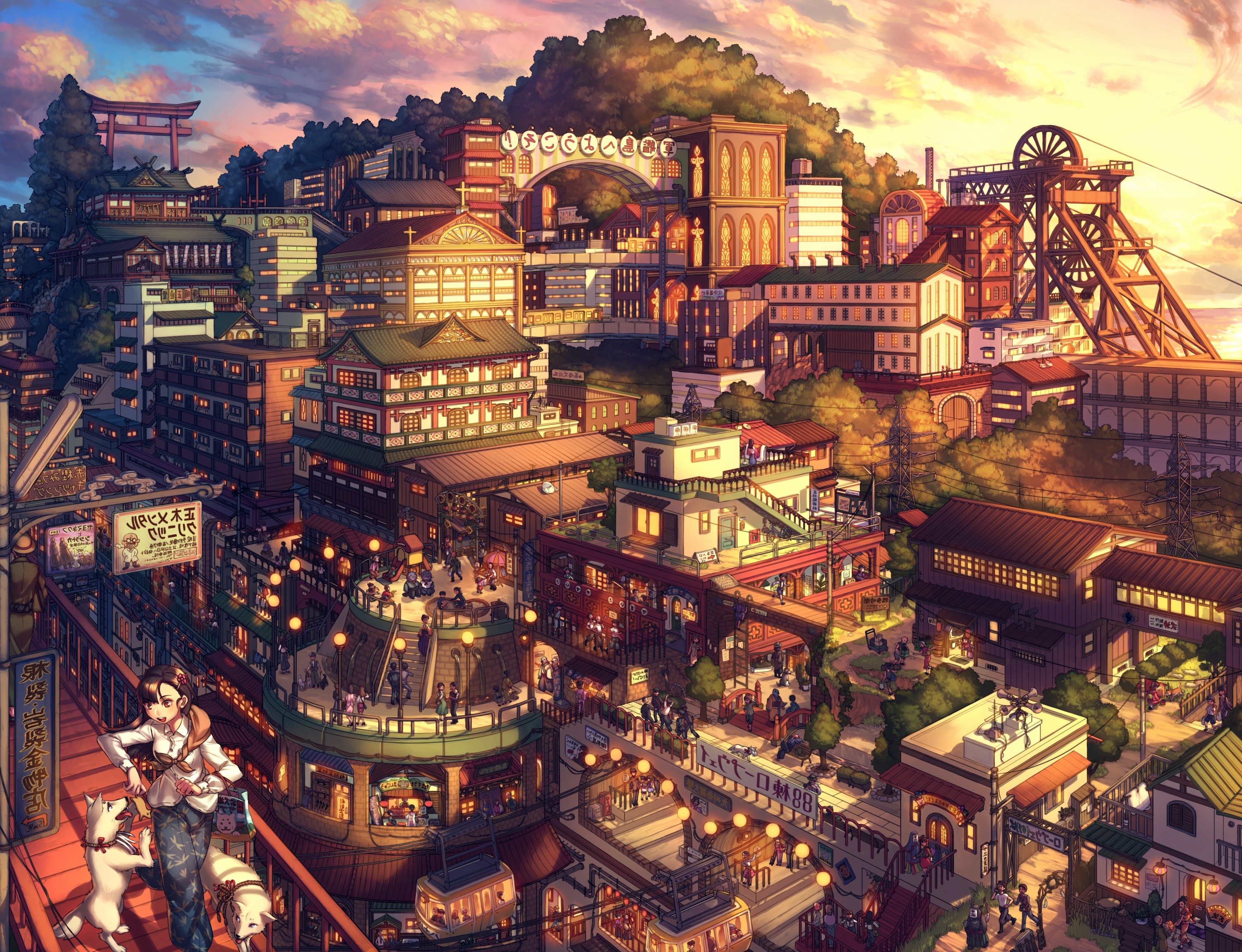 Wallpaper Cityscape, People, Shrine, ♯Datdetails, Japanese Architecture, Asano Shiki, Anime Scenery:3000x2300
