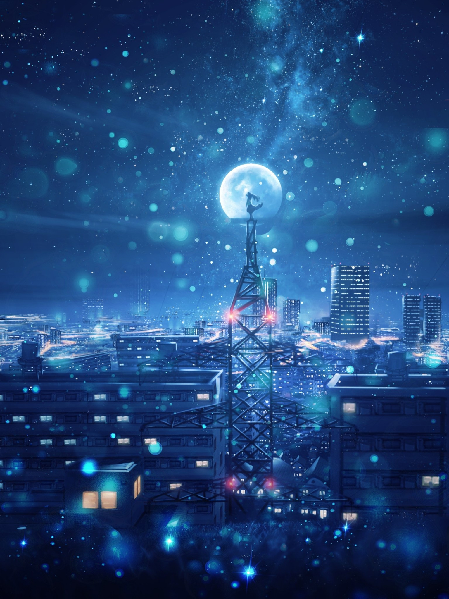Download 1536x2048 Anime City, Night, Moon, Stars, Sky, Scenic, Girl, Towers Wallpaper for Apple iPad Mini, Apple IPad 3, 4