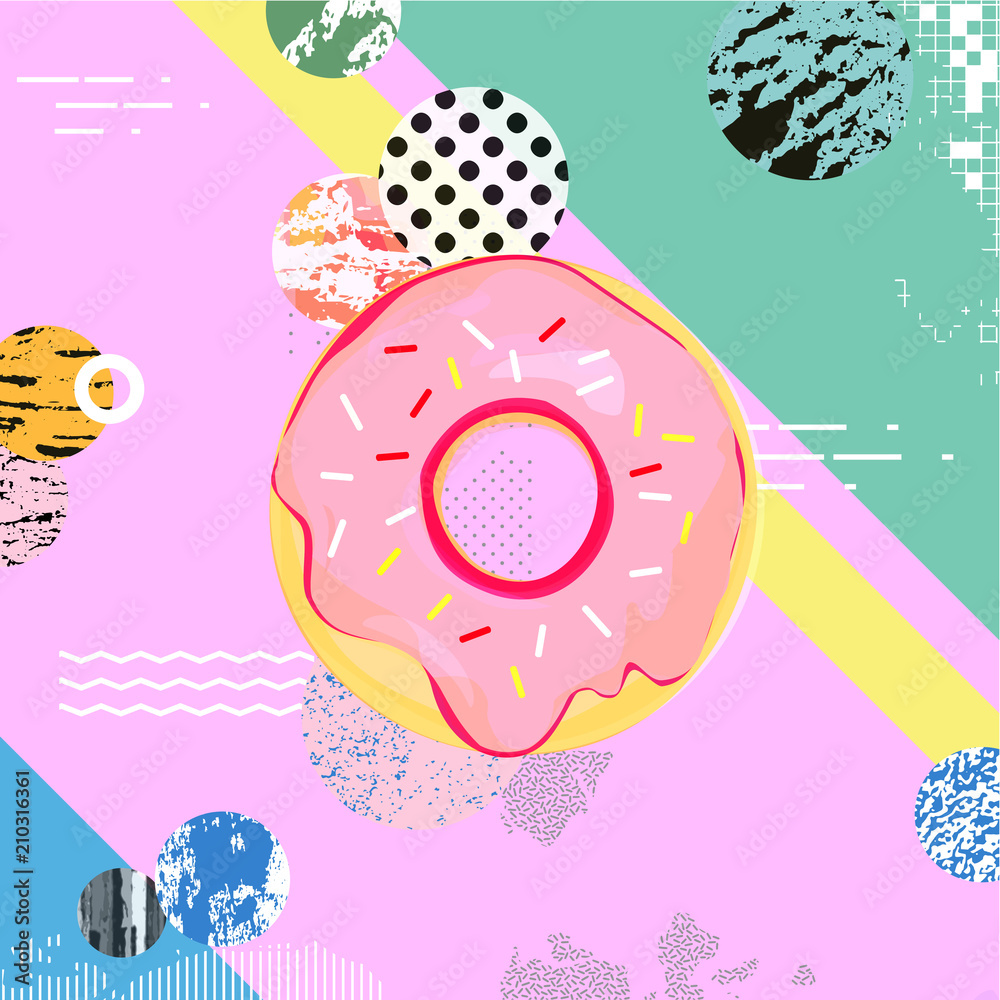 Trendy colorful background with donut. Summer vector illustration design with donut. Food pattern texture. Wallpaper, fabric, textile, wrapping paper design Stock Vector