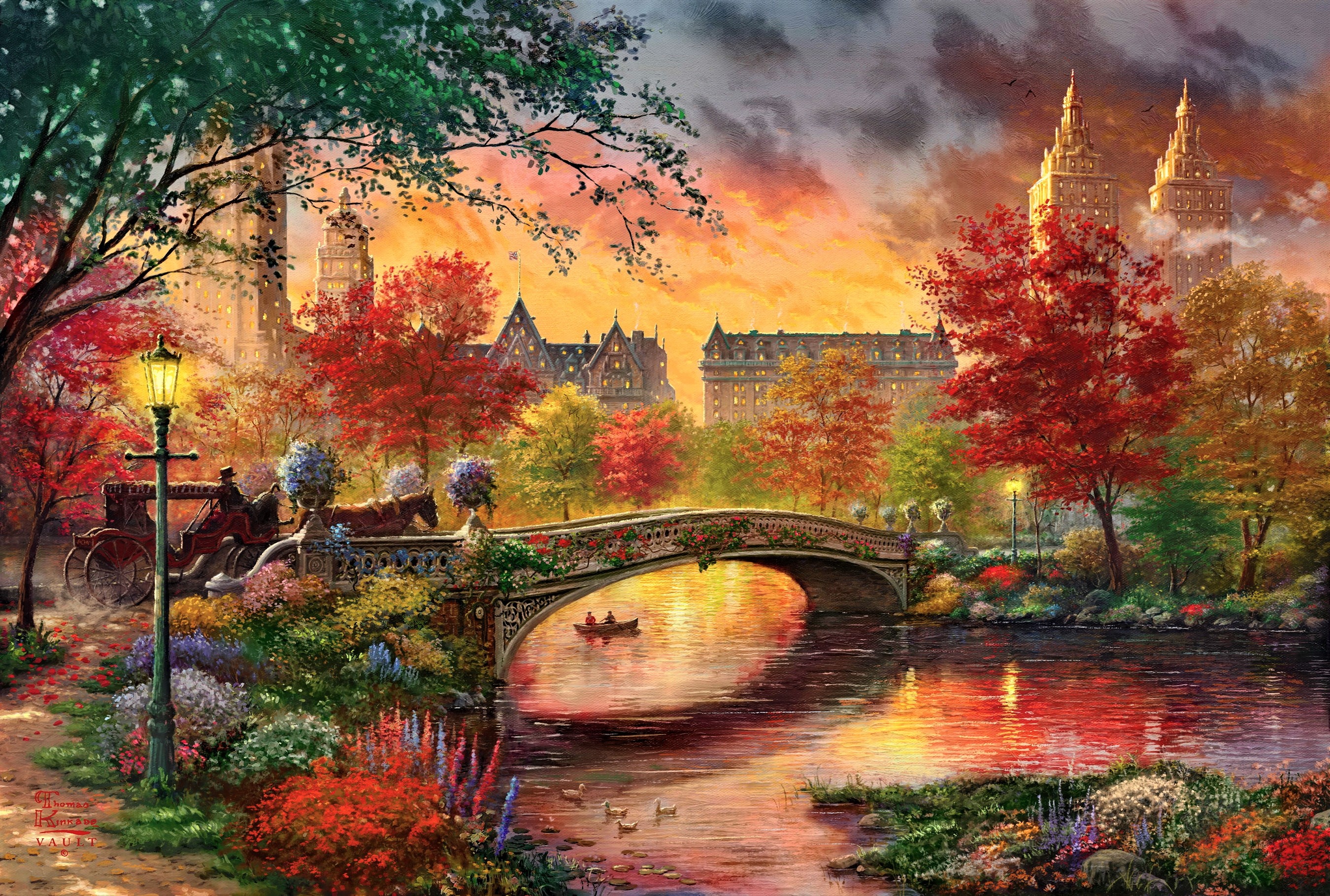 Download wallpaper artistic Painting with tags: Artistic, Bridge, River, Fall, Vintage, Painting, Colorful, Retro, iMac, New York, Central Park, Horse Drawn Vehicle