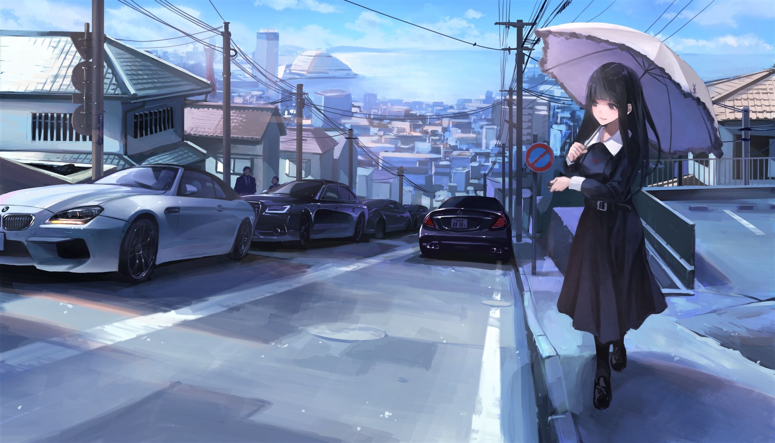 Wallpaper Scenic, Umbrella, Anime Girl, Urban, Buildings, Street, People, Luxury Cars:2645x1512