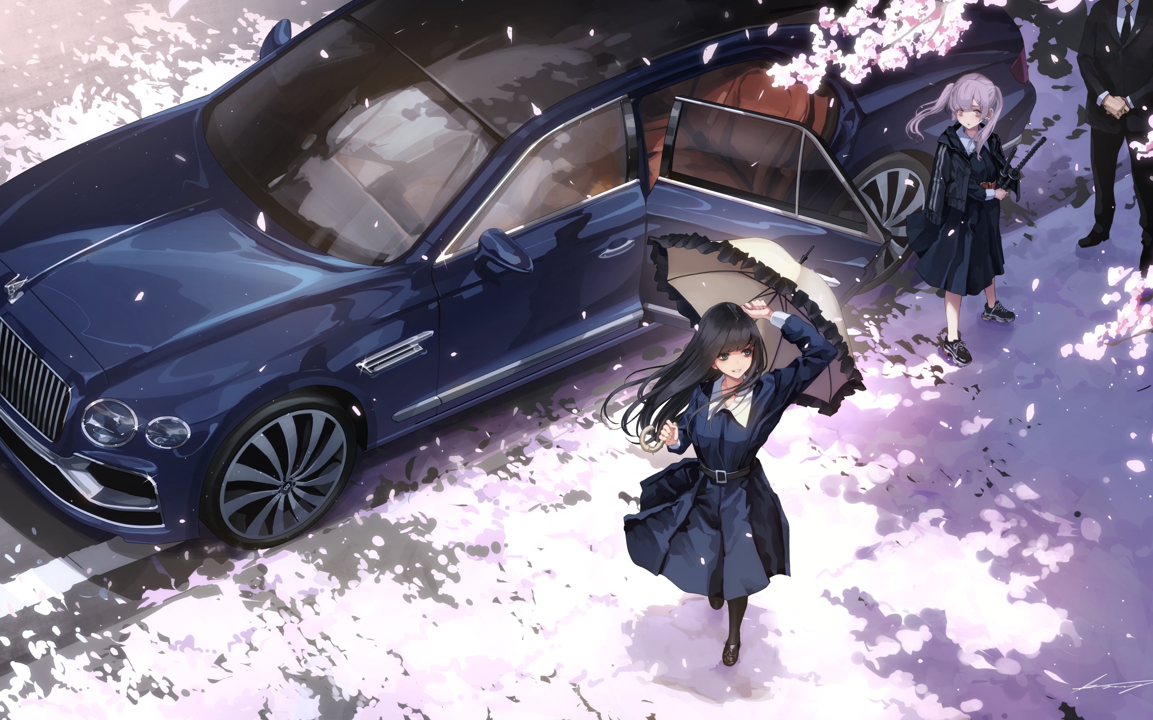 Wallpaper Anime Modern Princess, Luxury Car, Sakura Blossom, Dress, Katana, Bodyguards:4212x2512