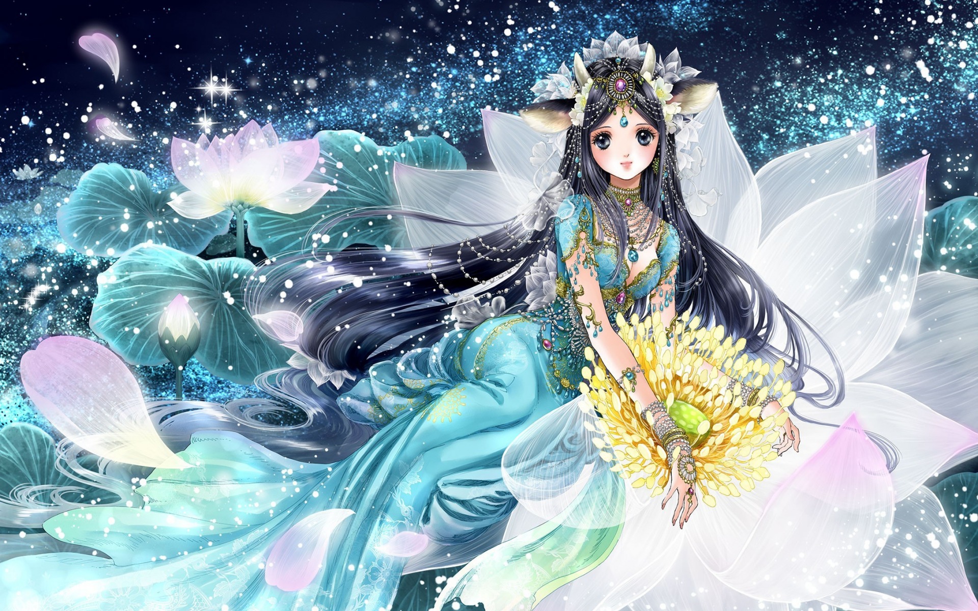 Download wallpaper female anime characters, art, Japanese manga, black long hair, green luxury dress, yellow flower for desktop with resolution 1920x1200. High Quality HD picture wallpaper