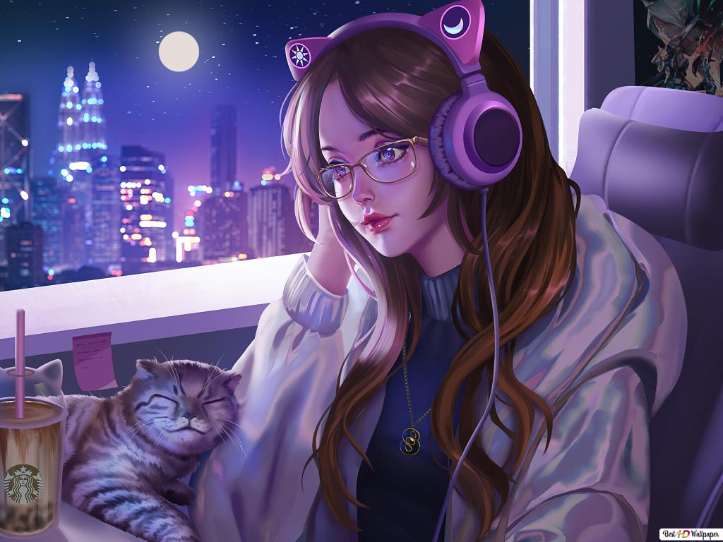 Gamer Girl Anime Cat Wallpaper