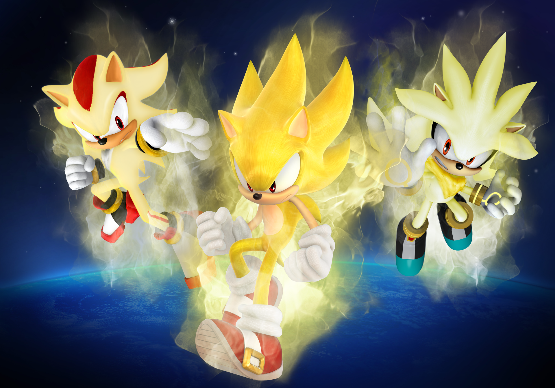 super sonic and super shadow and super silver drawings