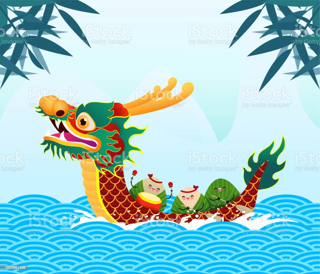 Chinese Dragon Boat Race Festival With Rice Dumpling Cute Character Design Happy Dragon Boat Festival On Background Greeting Card Vector Illustrationtranslation Dragon Boat Festival5th Day Of May Stock Illustration