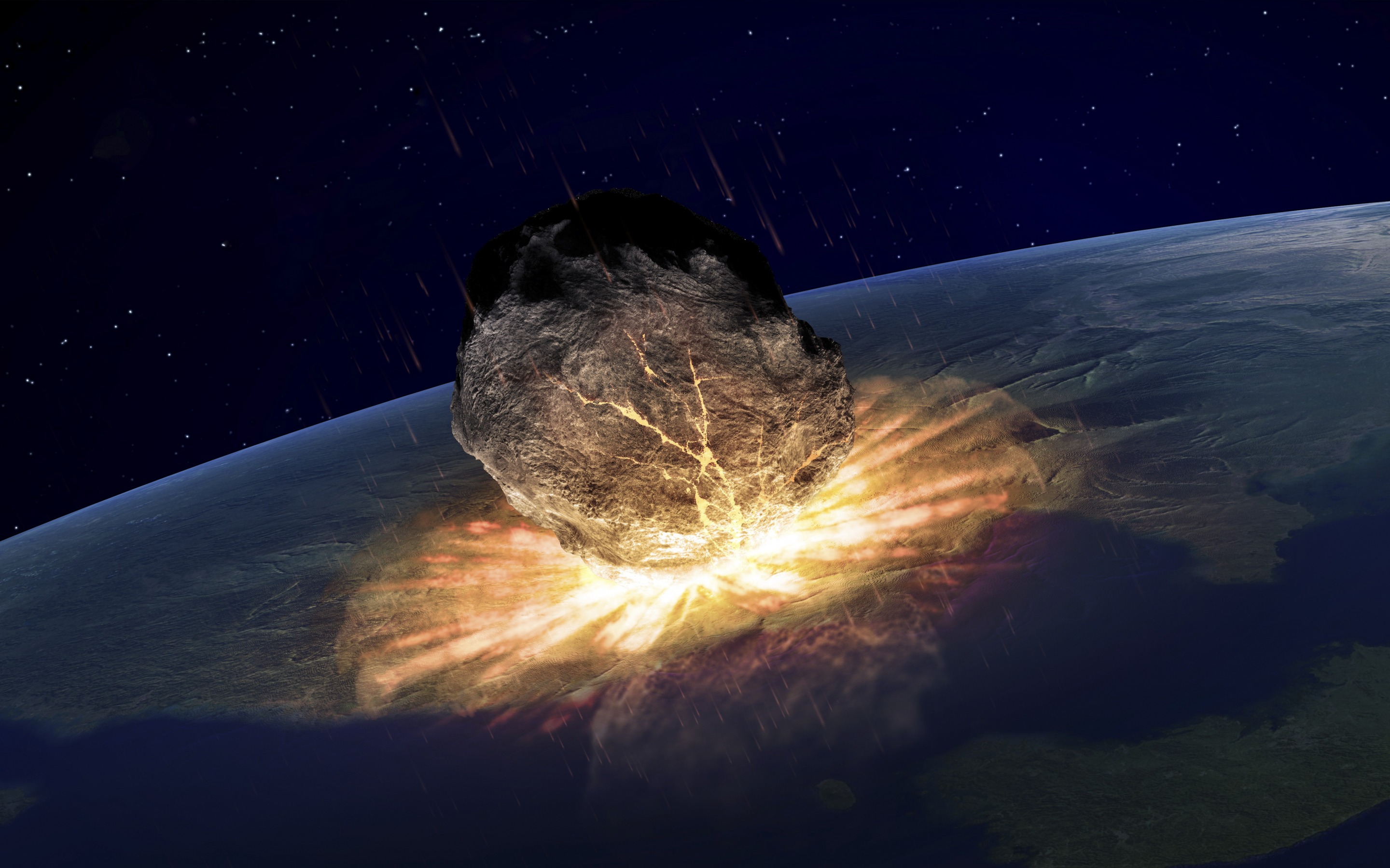 Download wallpaper huge meteorite, apocalypse, end of the world concepts, explosion, destruction of the Earth for desktop with resolution 2880x1800. High Quality HD picture wallpaper