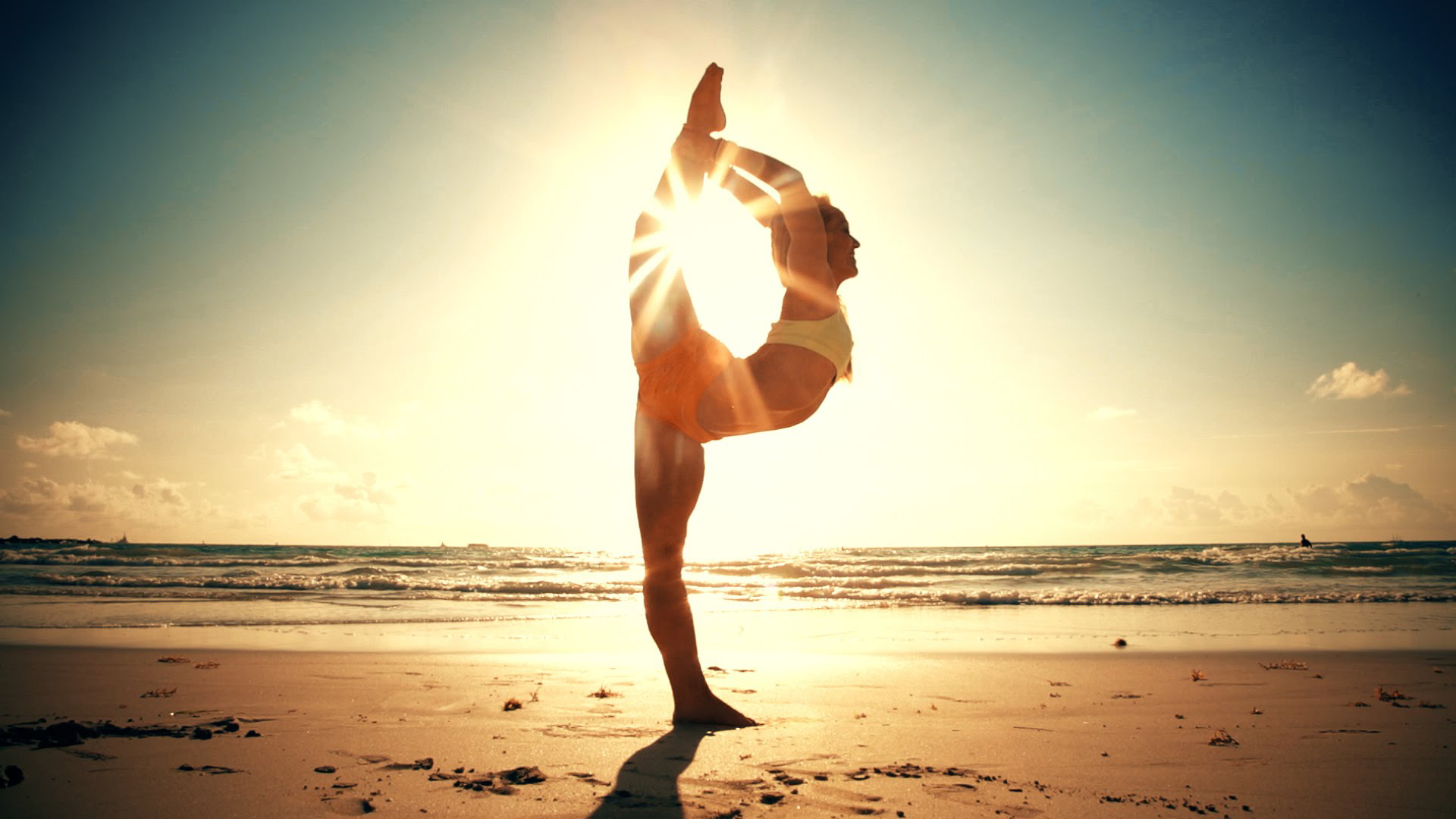 Yoga Pose with Sun Backlight in Beach Wallpaper. Wallpaper Download. High Resolution Wallpaper