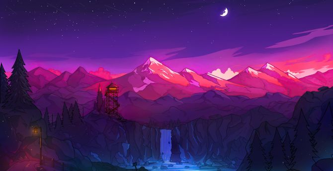 Colorful mountains, night, waterfall, minimal wallpaper, HD image, picture, background, 9e7150