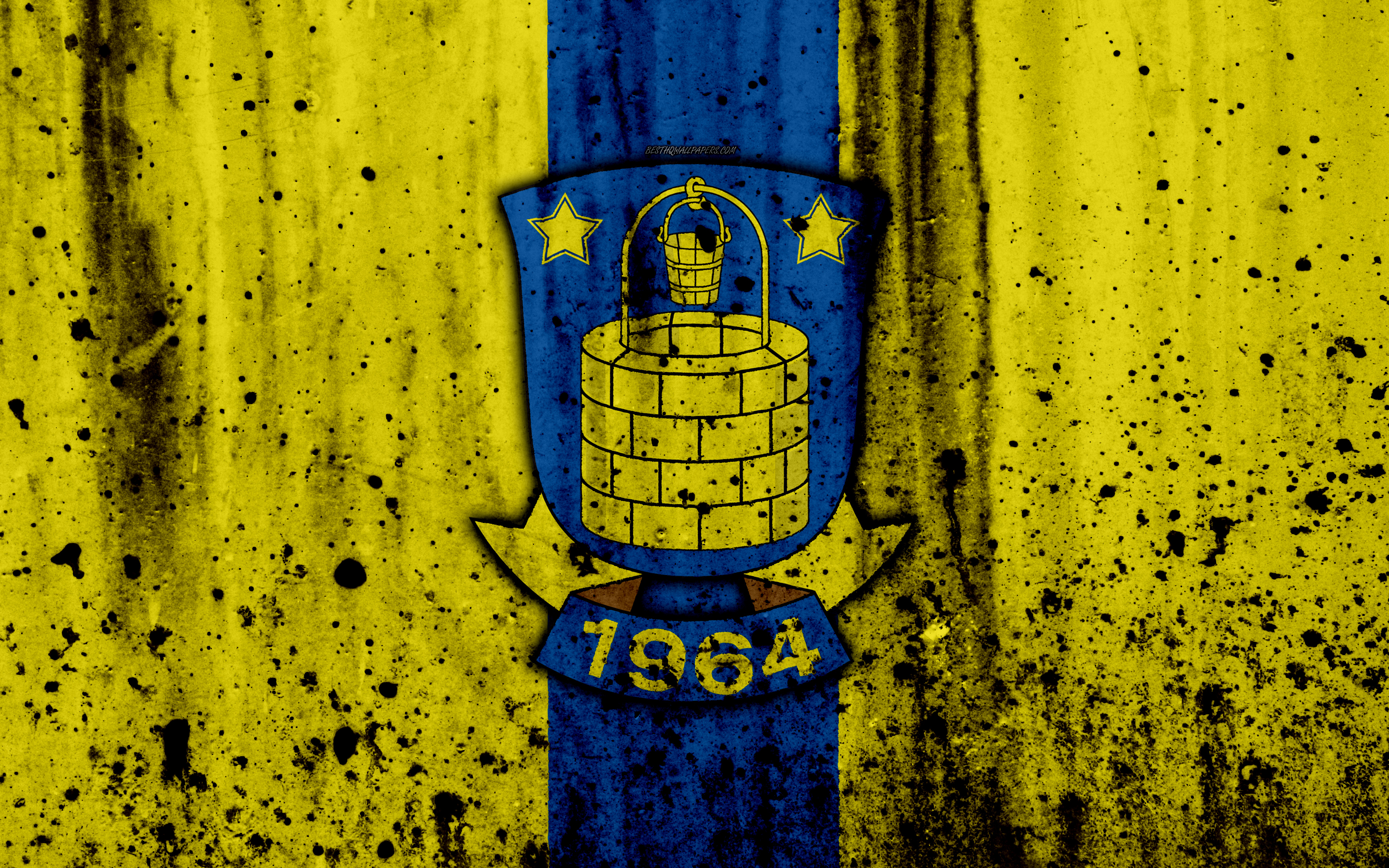 Download wallpaper 4k, FC Brondby, grunge, soccer, Danish Superliga, football club, Denmark, Brondby, creative, logo, stone texture, Brondby FC for desktop with resolution 3840x2400. High Quality HD picture wallpaper