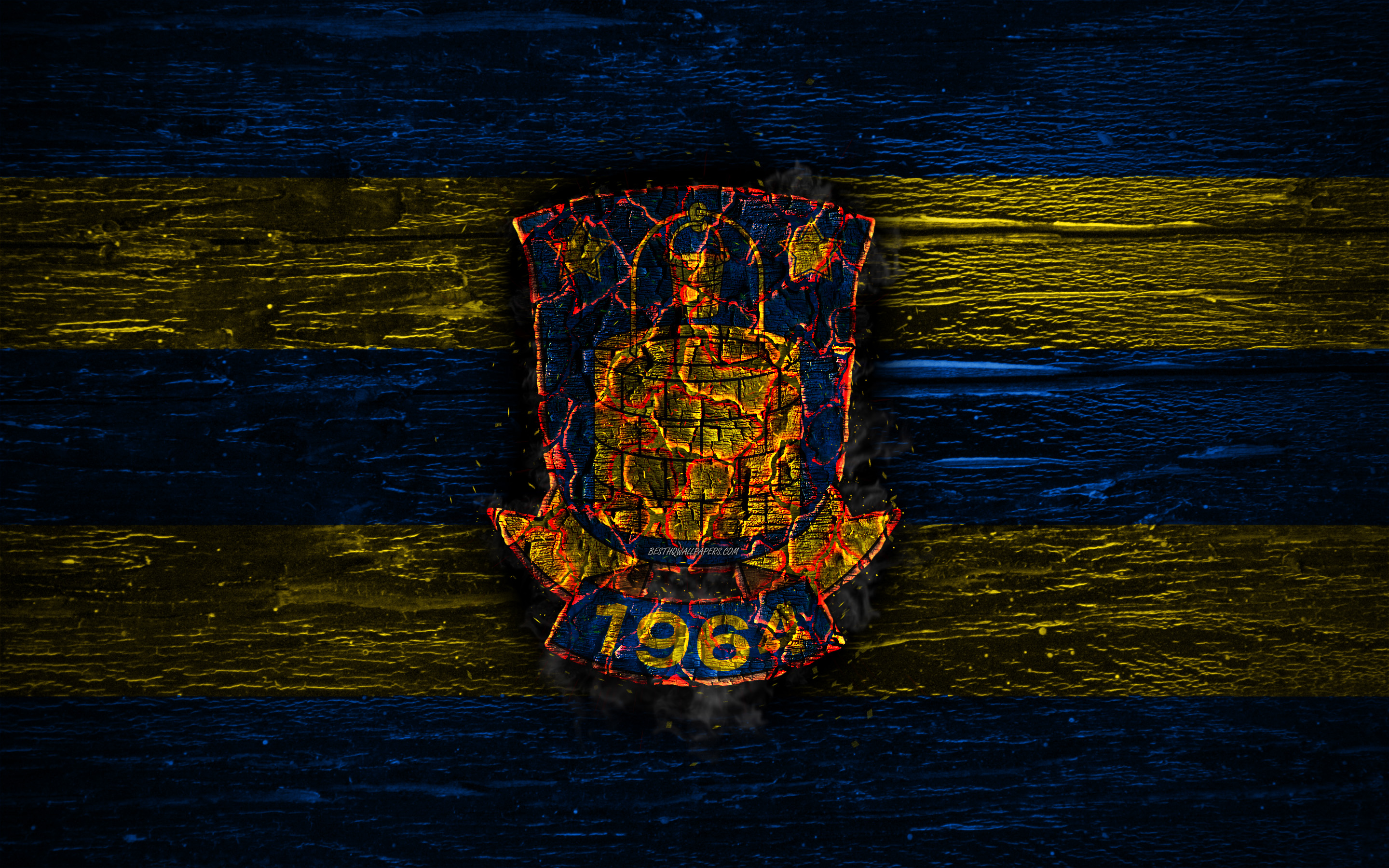 Download wallpaper Brondby FC, fire logo, Danish Superliga, blue and yellow lines, Danish football club, Brondby IF, grunge, football, soccer, Brondby logo, wooden texture, Denmark for desktop with resolution 2880x1800. High Quality