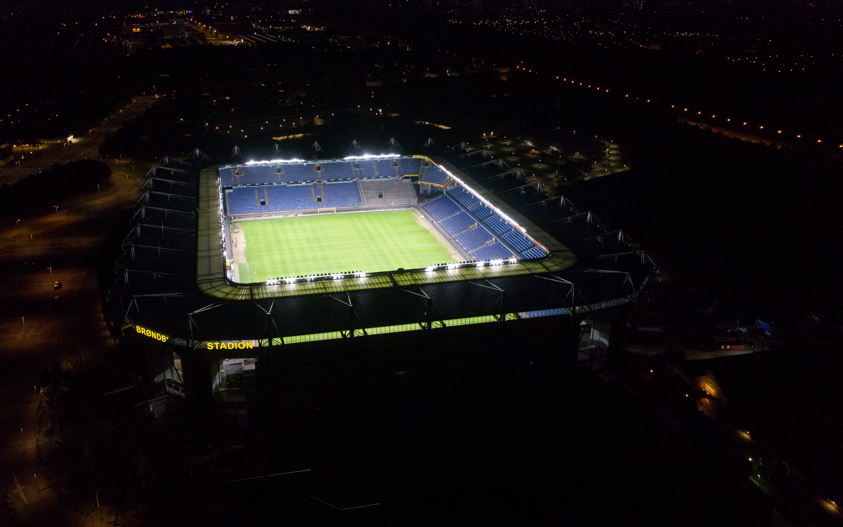 Download wallpaper Brondby Stadium, Danish football stadium, evening, night, football match, Brondby IF Stadium, Danish Superliga, Brondby IF, Denmark for desktop with resolution 2880x1800. High Quality HD picture wallpaper