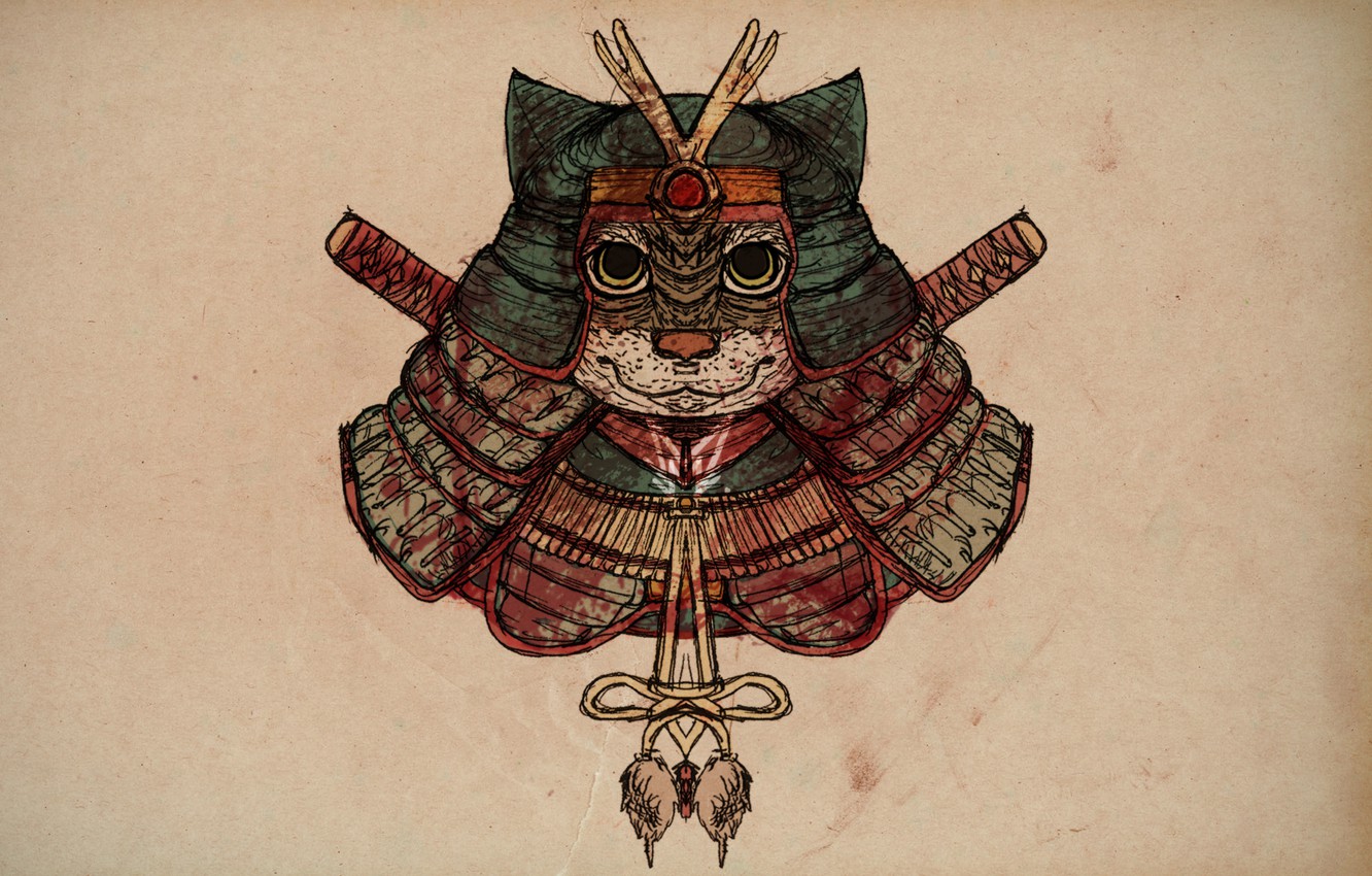 Wallpaper cat, figure, samurai image for desktop, section стиль