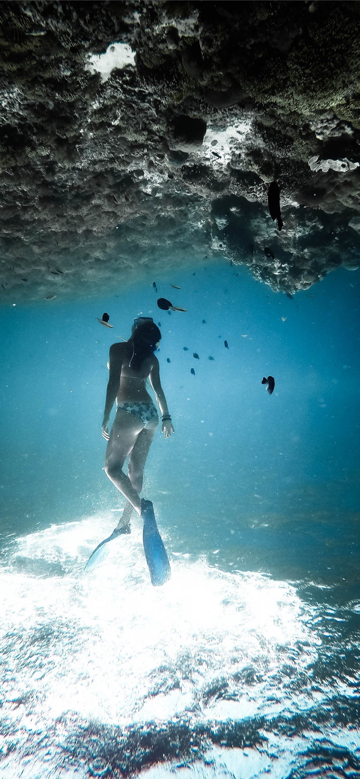 woman underwater wearing blue flippers iPhone SE Wallpaper Free Download