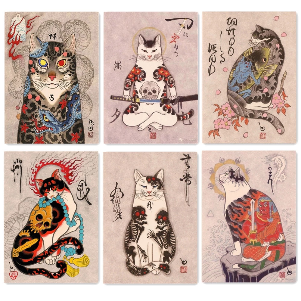 Samurai Cat Ukiyo e Art Works Retro Tattoo Poster Wallpaper Vintage Matte kraft Paper Print Painting Wall Sticker Home Decor. Painting & Calligraphy