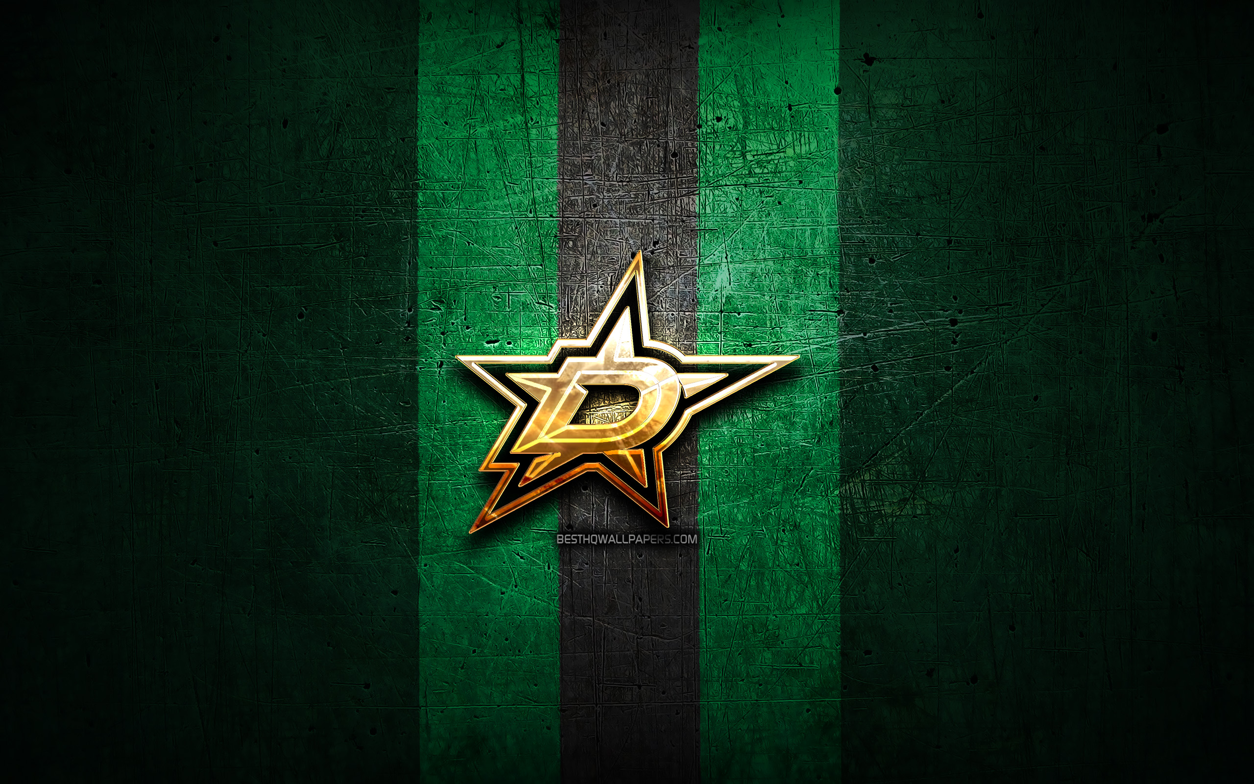 Download wallpaper Dallas Stars, golden logo, NHL, green metal background, american hockey team, National Hockey League, Dallas Stars logo, hockey, USA for desktop with resolution 2560x1600. High Quality HD picture wallpaper