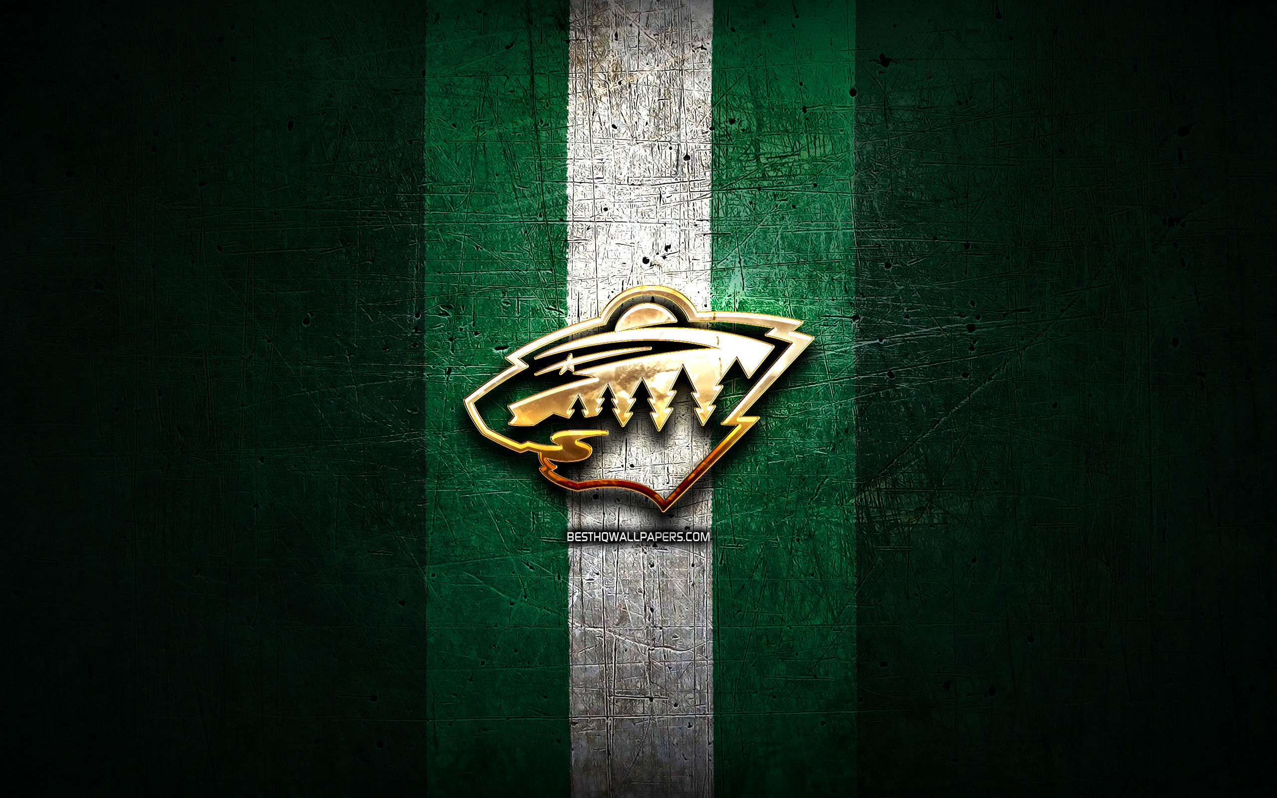 Download wallpaper Minnesota Wild, golden logo, NHL, green metal background, american hockey team, National Hockey League, Minnesota Wild logo, hockey, USA for desktop with resolution 2560x1600. High Quality HD picture wallpaper
