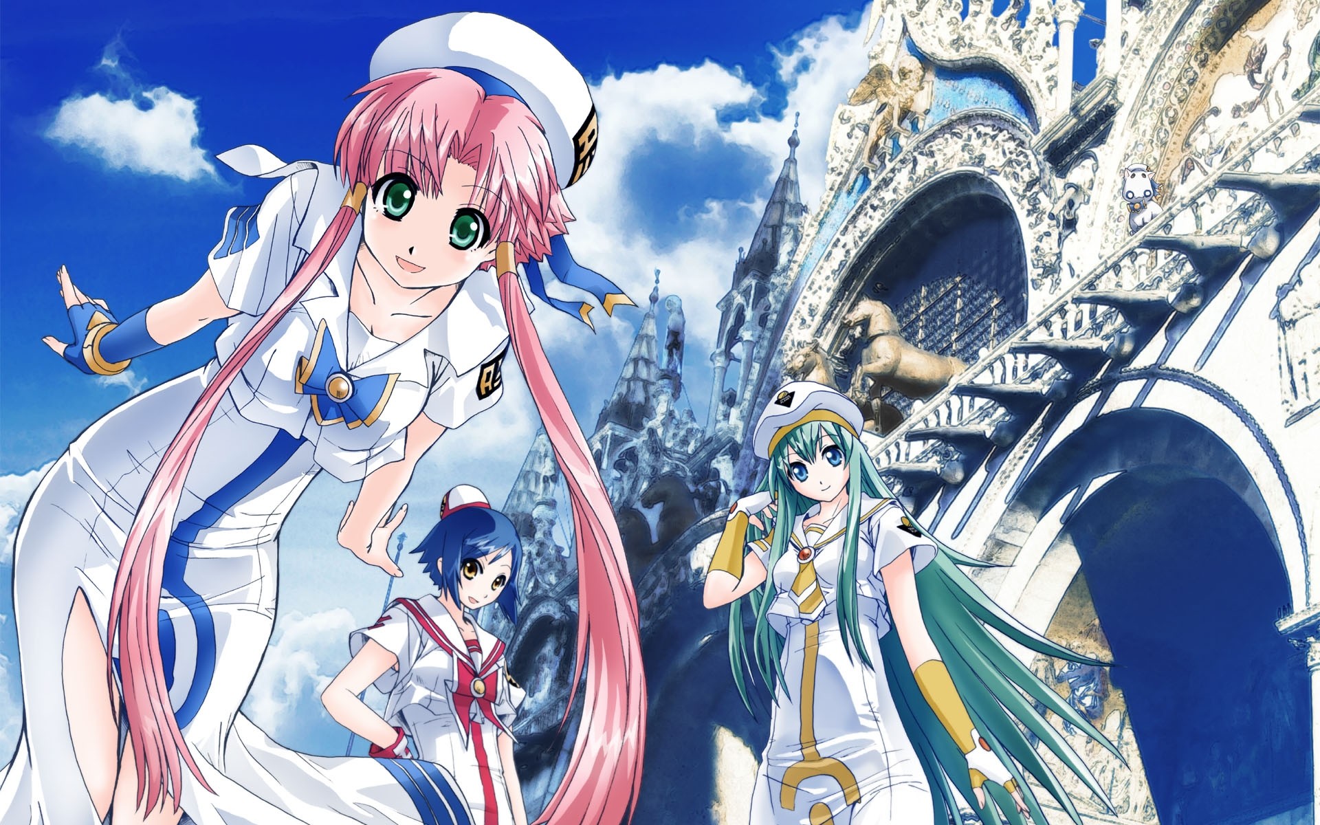 Wallpaper Anime girl, Building, Castle, Summer, Street, Sky, Joy