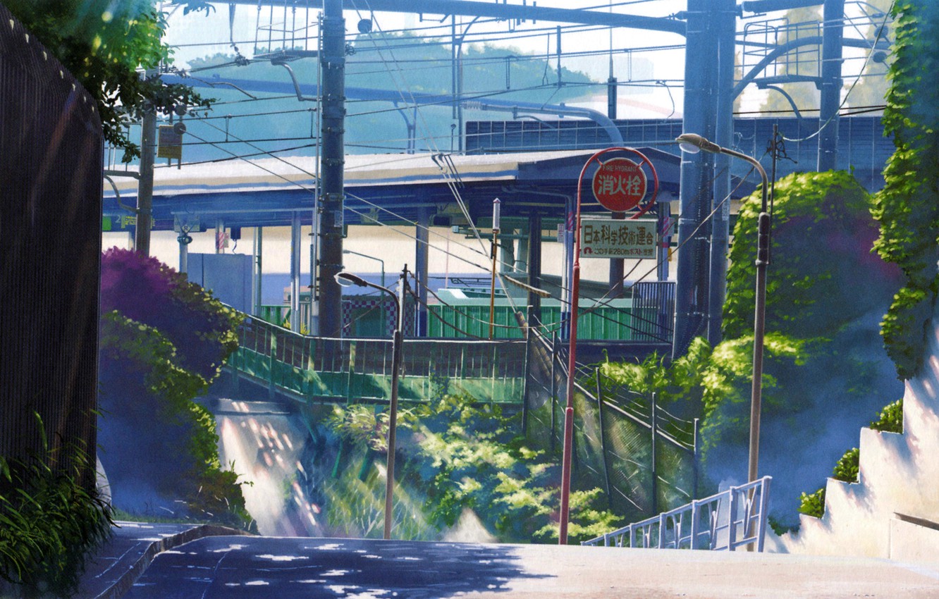 Wallpaper greens, summer, street, posts, wire, the fence, Japan, station, kotonoha no niwa, garden of fine words, by makoto shinkai image for desktop, section сёнэн