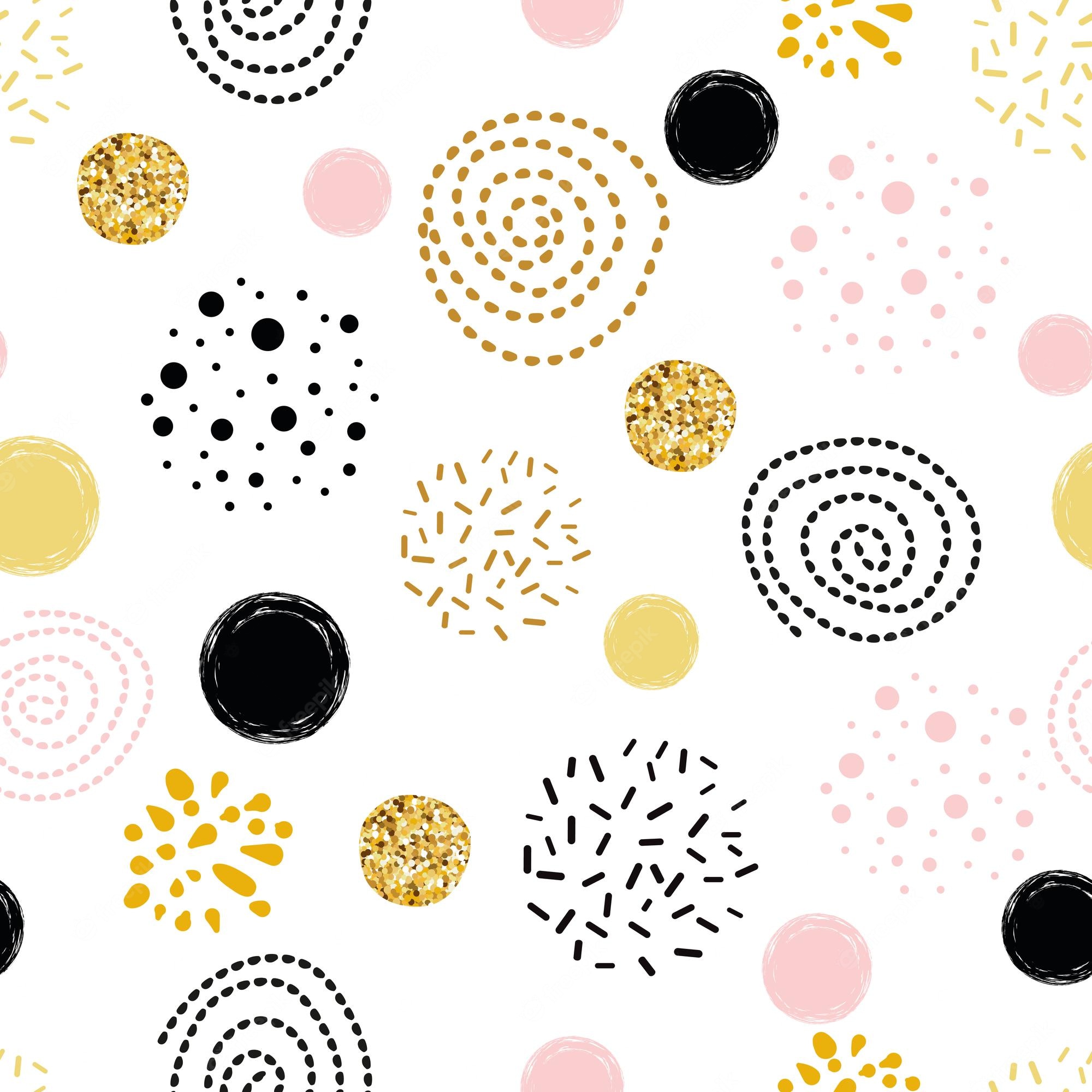Premium Vector. Cute seamless pattern polka dot abstract ornament decorated golden pink black hand drawn circles round shapes vector illustration for wallpaper wrap gold dots sparkles shining dots background