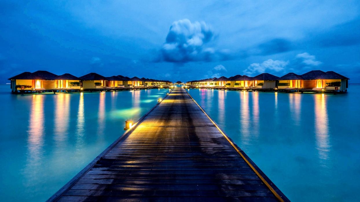 Beach Sea Pier Lamps Tropical Maledives Evening Vacation Holiday Lights Ocean Tropic Clouds Night Paradise Huts Nature Bungalows Water Summer Sky Wallpaperx1080