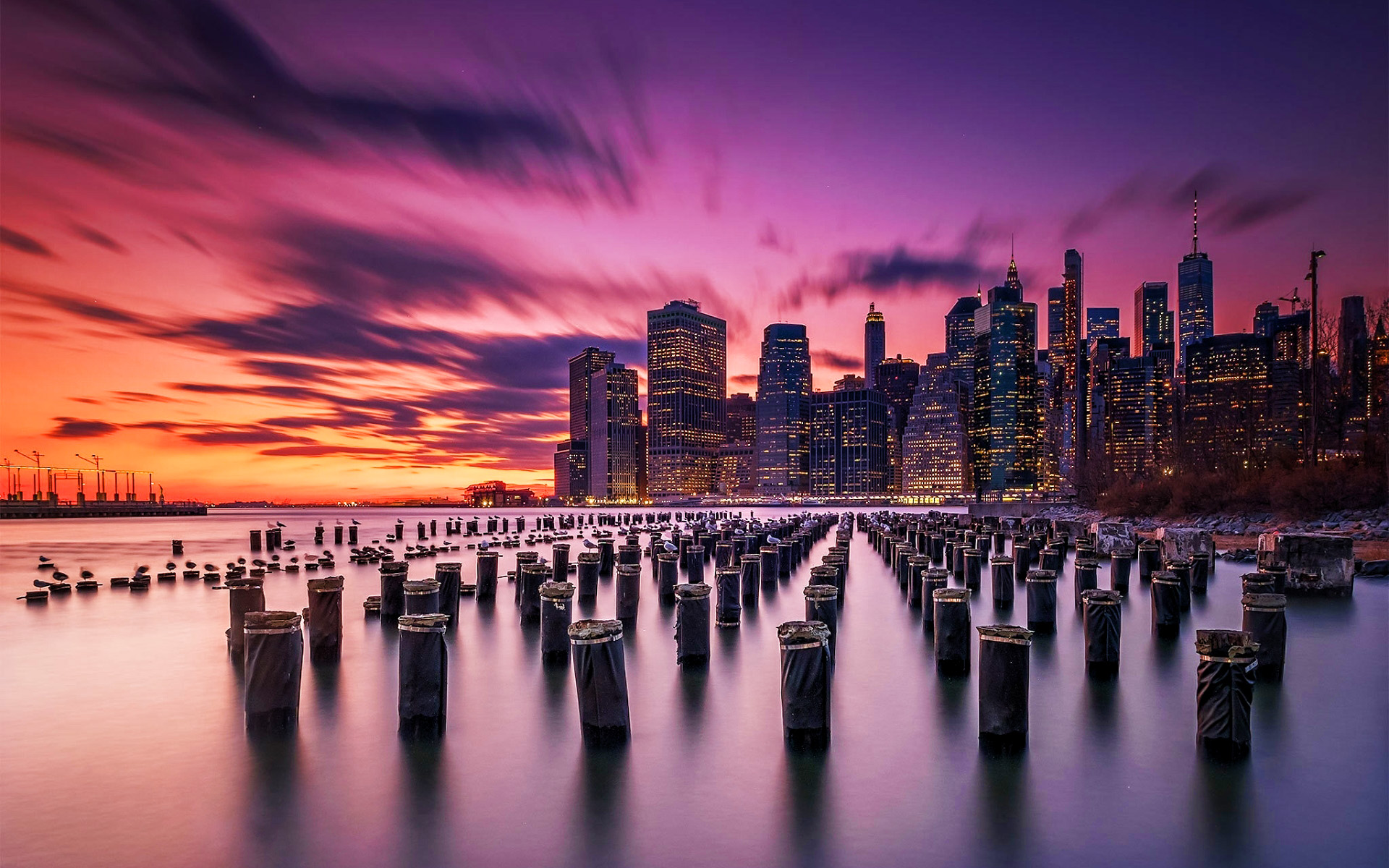 Download wallpaper New York, old pier, sunset, american cities, NYC, USA, America, New York in evening for desktop with resolution 1920x1200. High Quality HD picture wallpaper