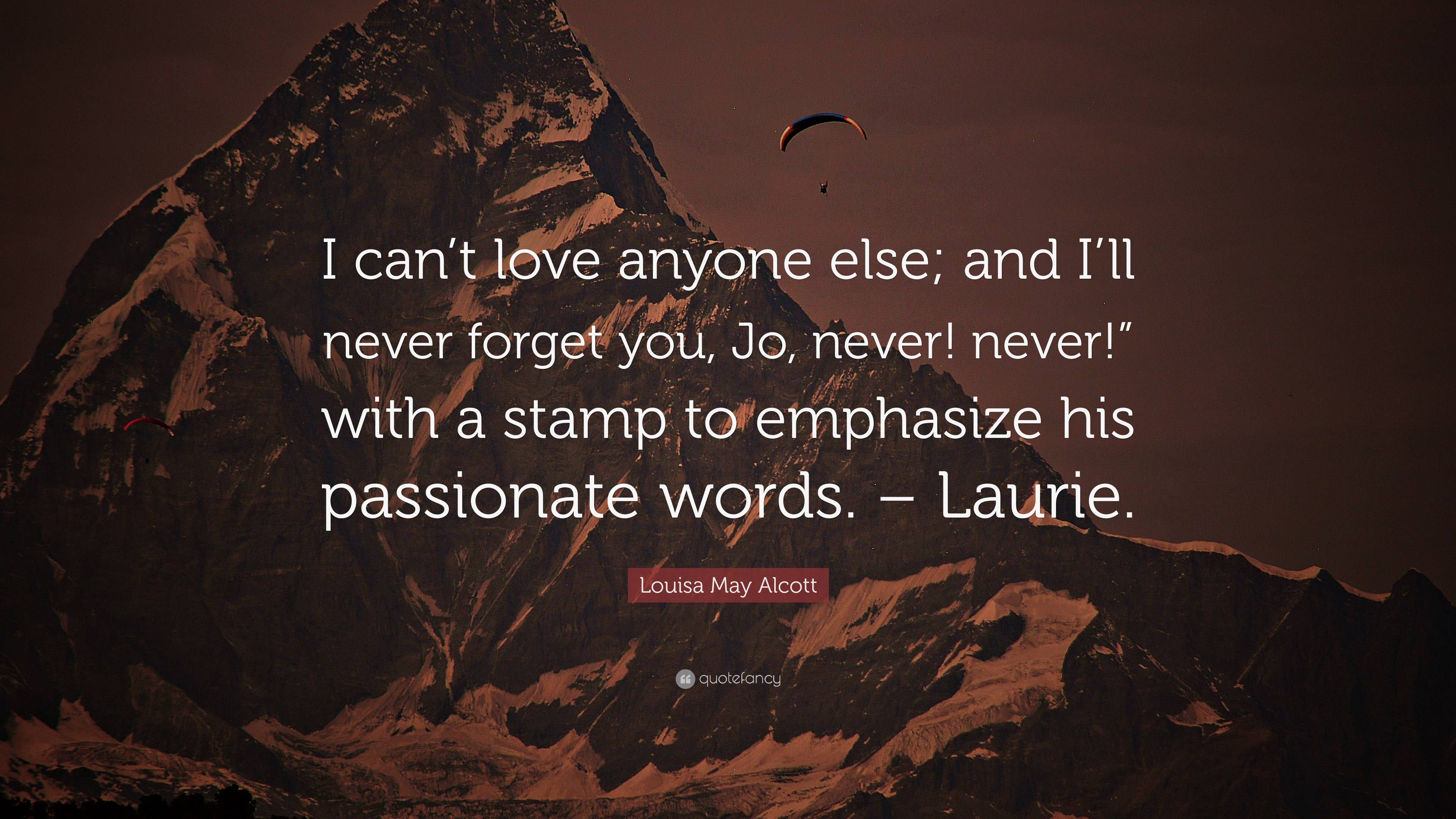 Louisa May Alcott Quote: “I can't love anyone else; and I'll never forget you, Jo, never! never!” with a stamp to emphasize his passionate words. .”