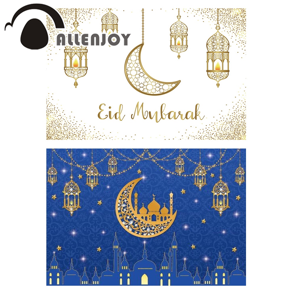 Allenjoy Ramadan Kareem backdrop Eid Mubarak 2022 golden moon Islamic Hanging Lamps white vinyl photophone wallpaper background. Background