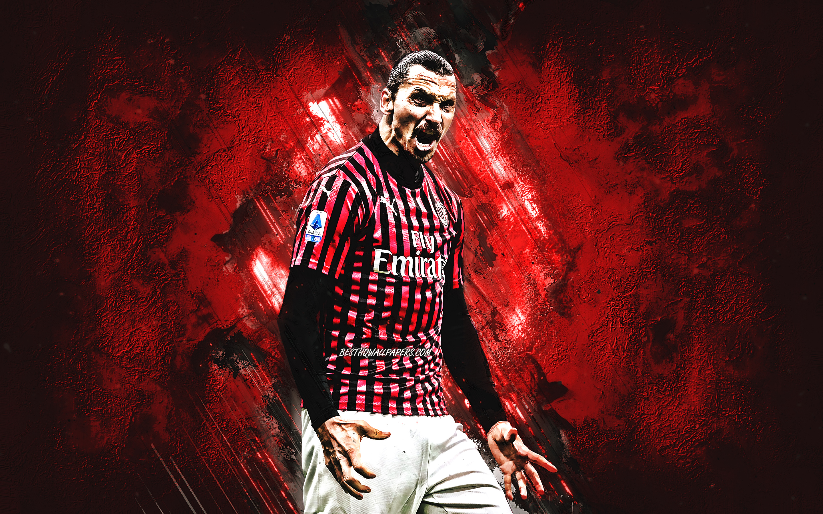 Download wallpaper Zlatan Ibrahimovic, Swedish soccer player, AC Milan, portrait, red stone background, creative art, Serie A, Italy, football for desktop with resolution 2880x1800. High Quality HD picture wallpaper