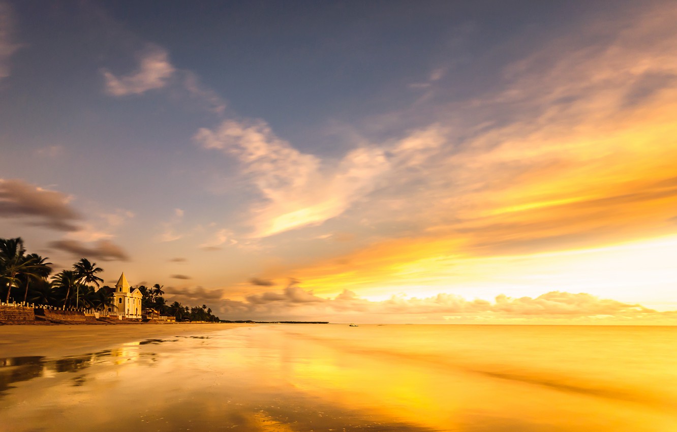 Wallpaper beach, the evening, horizon, beach, Brazil, evening, Brazil, horizon, Brasil, Pernambuco, coconut trees, St. Peter's Church, Pernambuco, Praia de Tamandaré, coconut palms, Saint Peter's Church image for desktop, section пейзажи