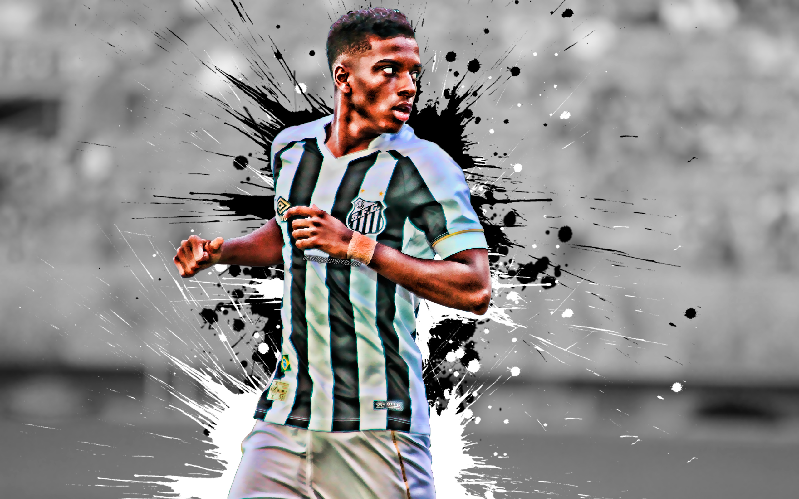 Download wallpaper Rodrygo, 4k, Brazilian football player, Santos FC, striker, white black paint splashes, creative art, Serie A, Brazil, football, Rodrygo Silva de Goes for desktop with resolution 2560x1600. High Quality HD