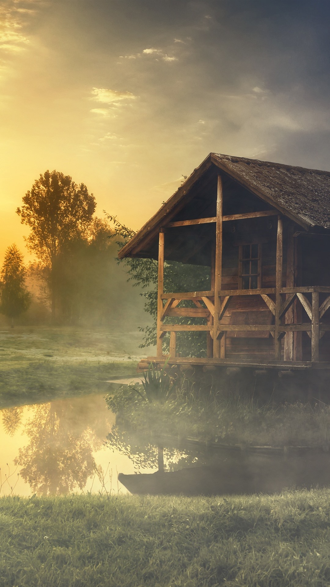 Summer, Morning, Forest, Grass, Pond, Hut, Fog 1080x1920 IPhone 8 7 6 6S Plus Wallpaper, Background, Picture, Image