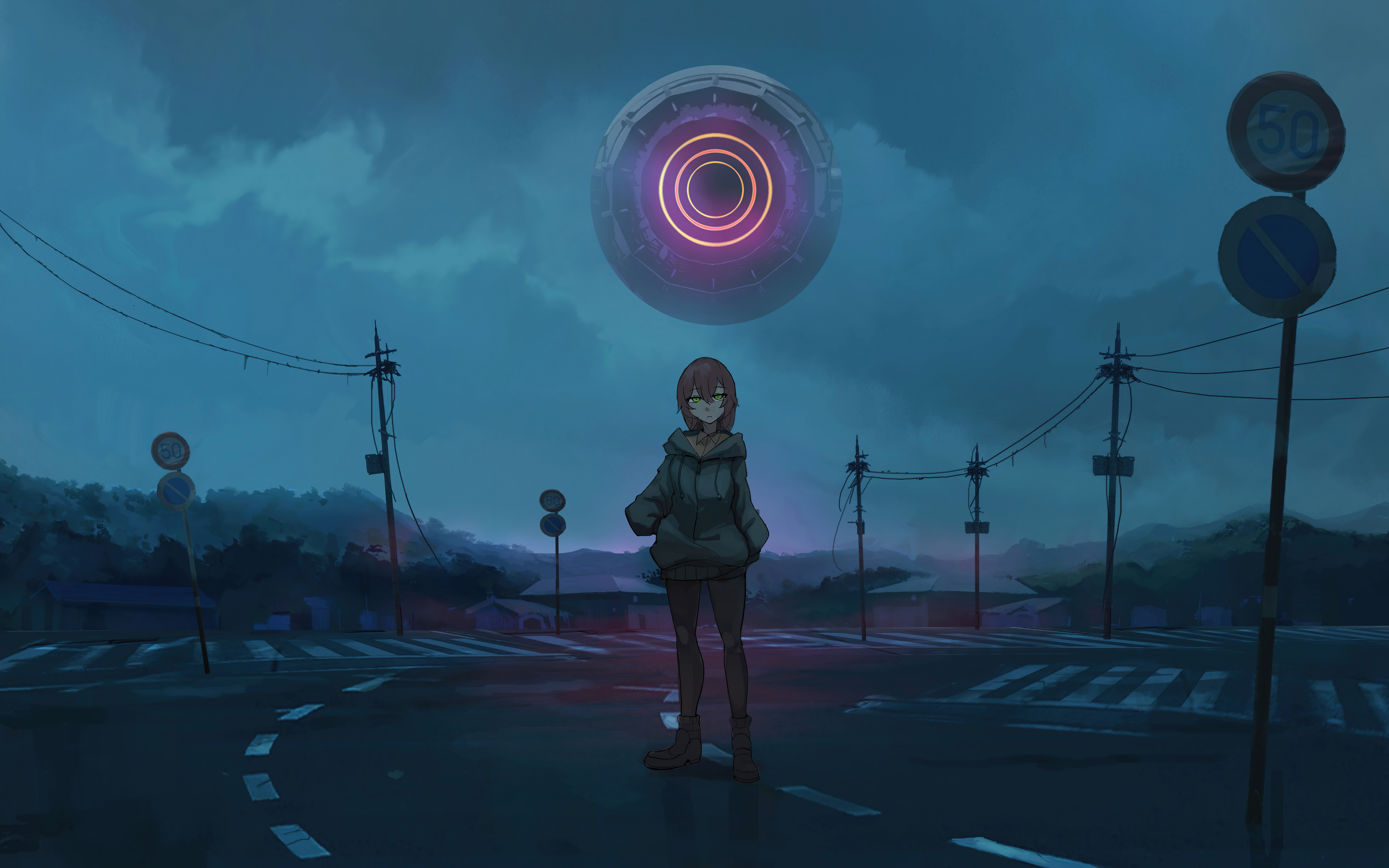 Anime Girl Alone Road Green Eyes 8k, HD Anime, 4k Wallpaper, Image, Background, Photo and Picture