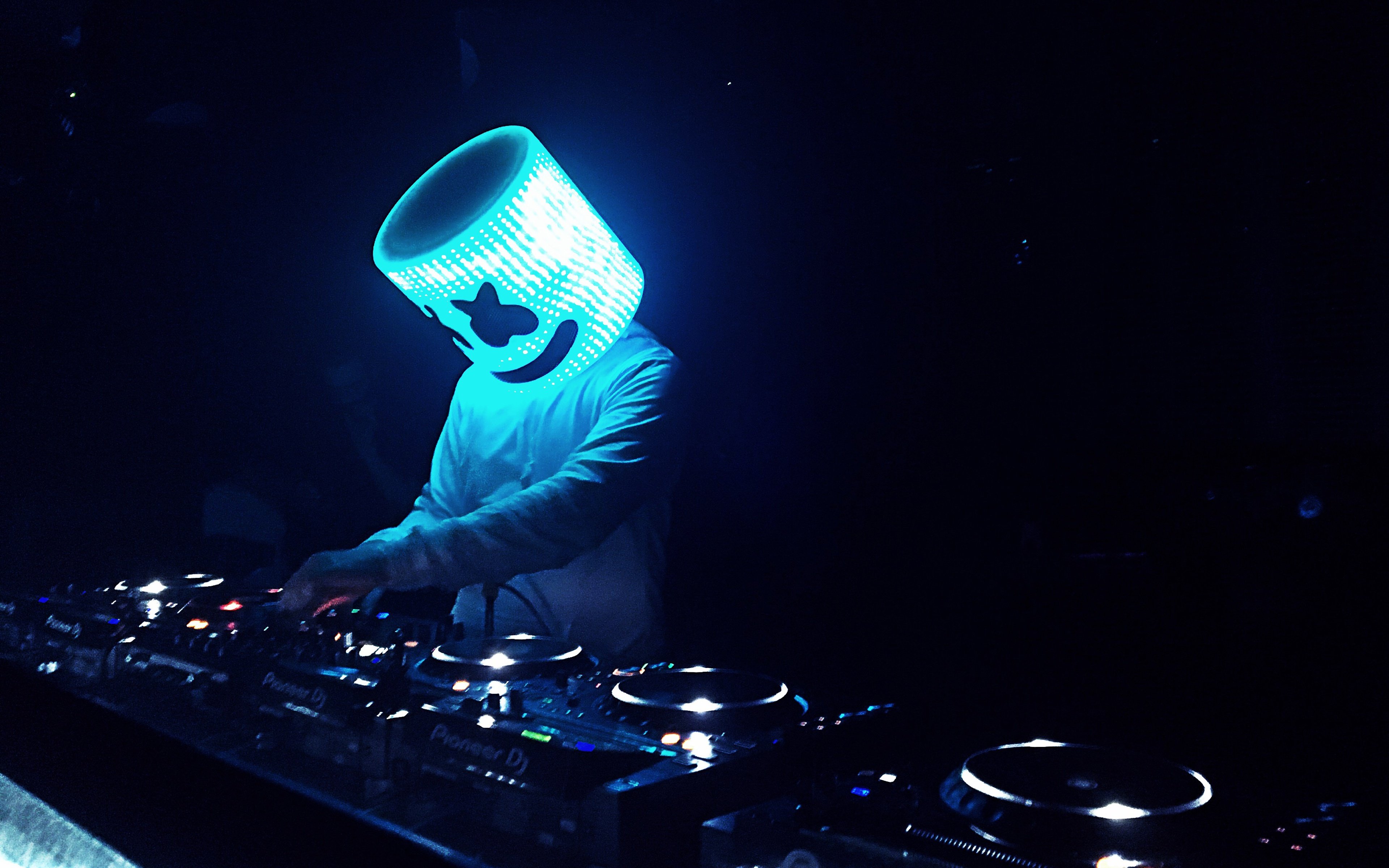 Download wallpaper DJ Marshmello, EDM, party, blue neon light, electronic music, Chris Comstock, DJ console for desktop with resolution 3840x2400. High Quality HD picture wallpaper