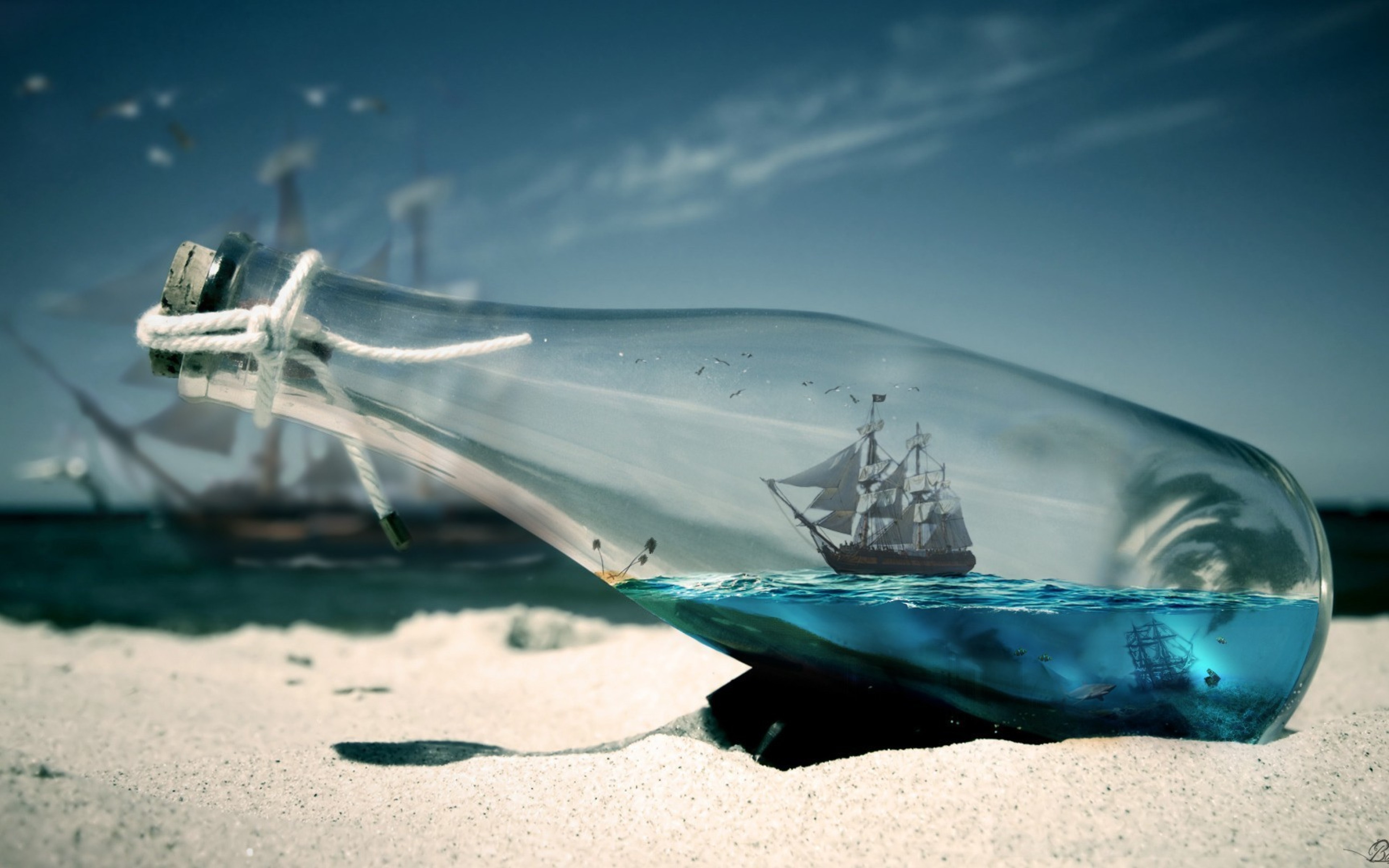 Ship in the sea inside a bottle Wallpaper 4k Ultra HD