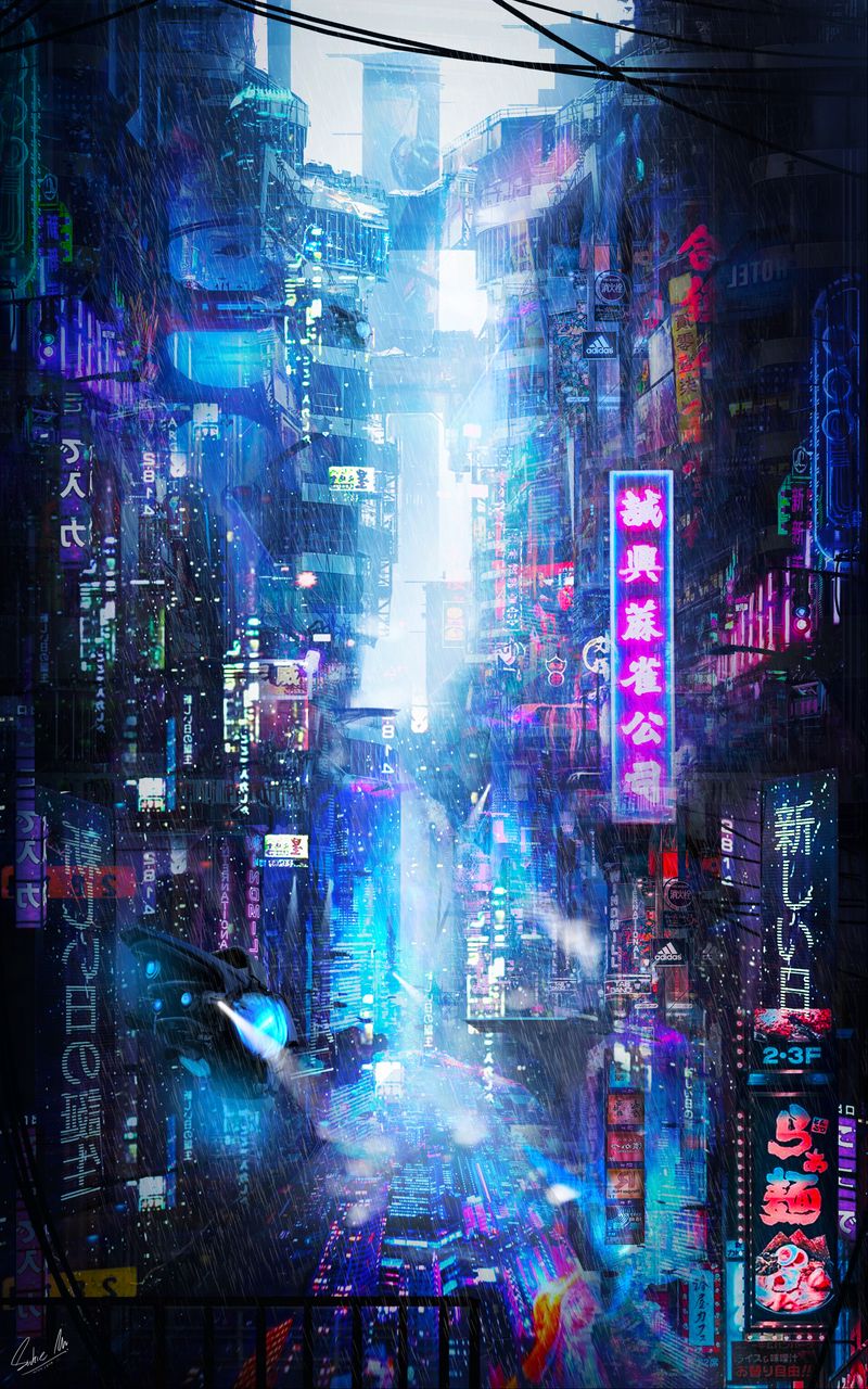 Download Wallpaper 800x1280 Future, Neon, City, Rain Samsung Galaxy Note Gt N7000, Meizu Mx2 HD Background
