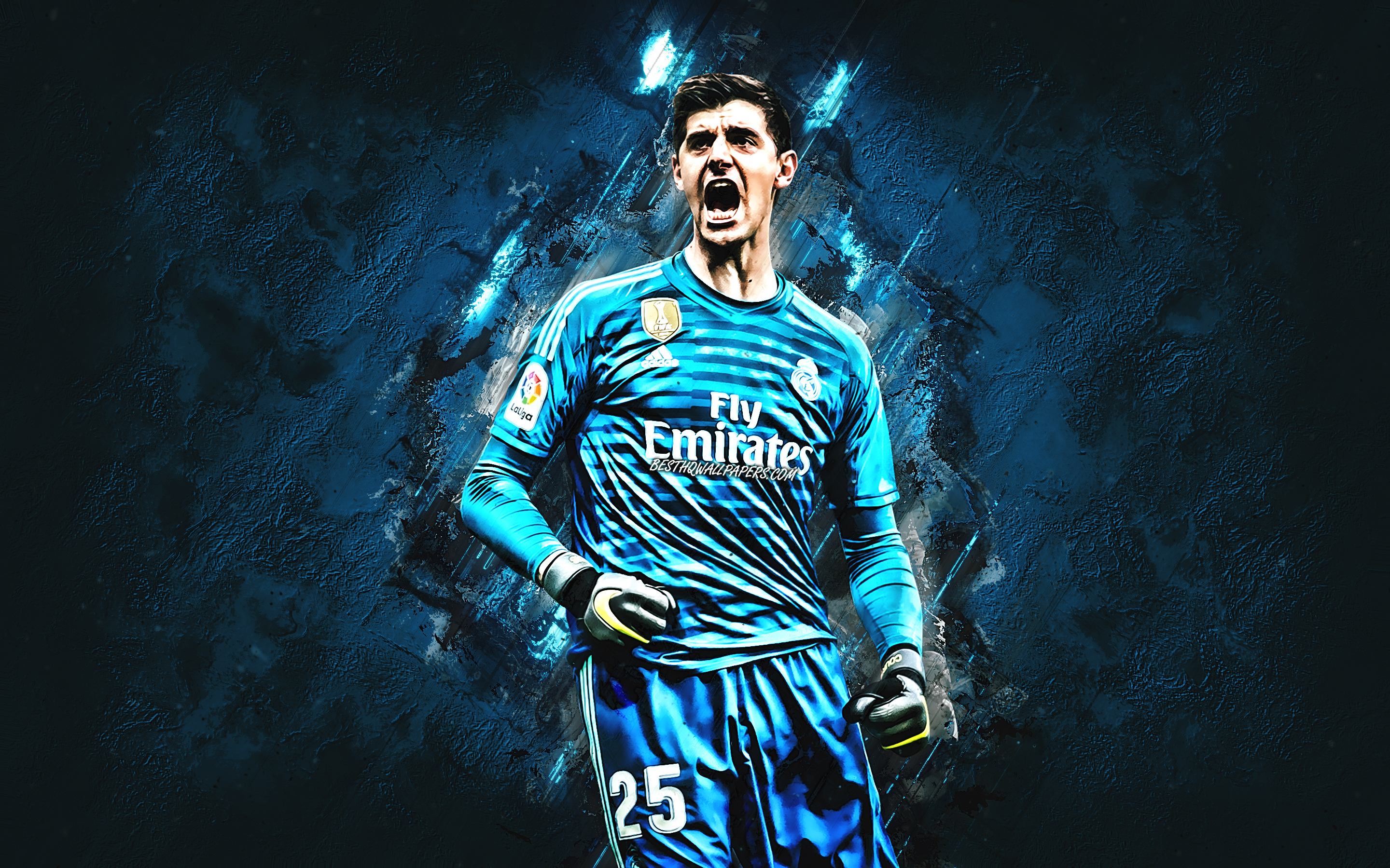 Download wallpaper Thibaut Courtois, Real Madrid, Belgian soccer player, goalkeeper, portrait, art, blue stone background, La Liga, Spain for desktop with resolution 2880x1800. High Quality HD picture wallpaper