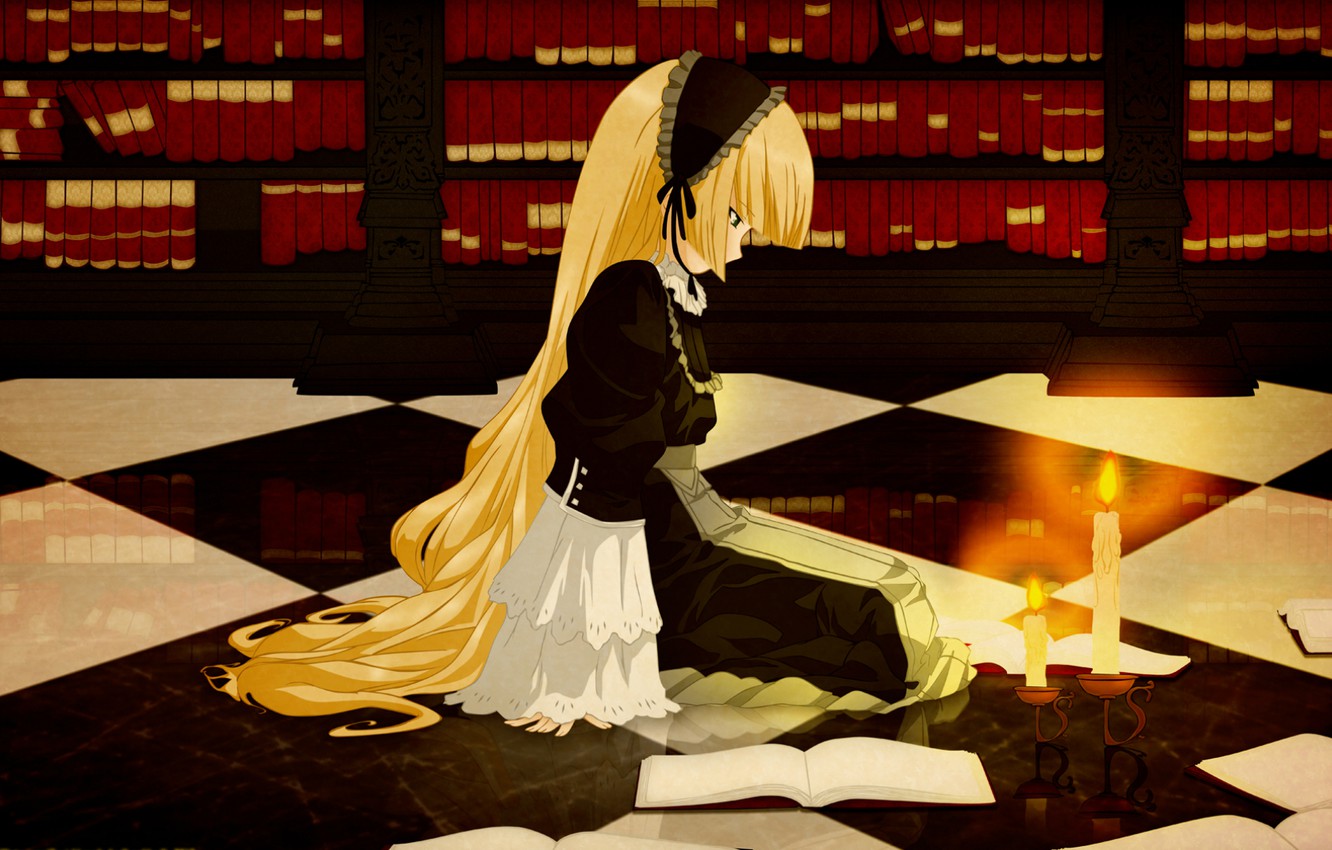 Wallpaper reflection, flame, books, candles, girl, library, long hair, candle holder, Gosick, Victorique de Blois, chess floor image for desktop, section сёнэн