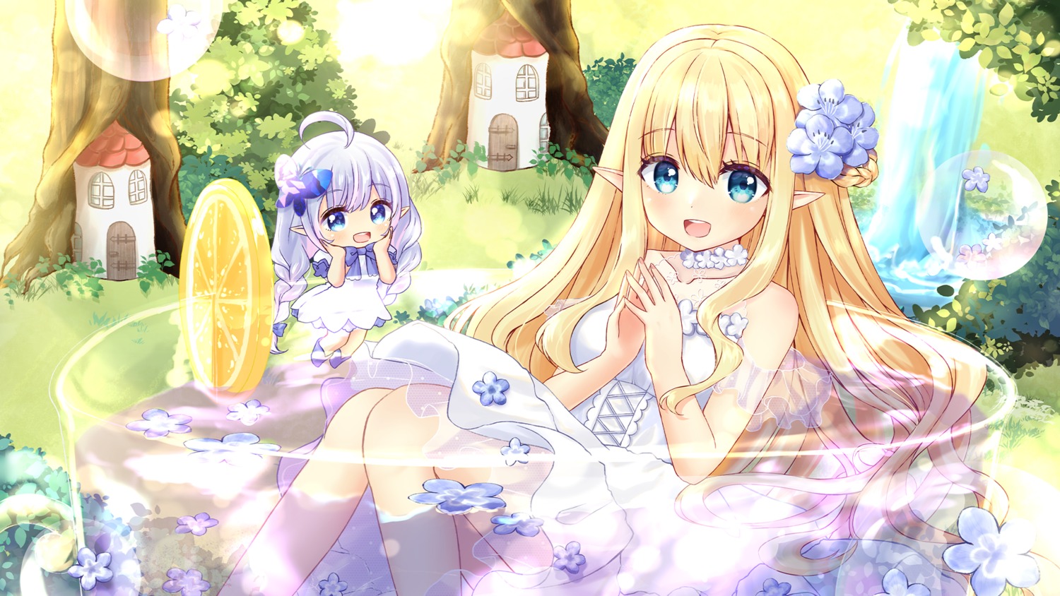 emori miku project bathing chibi dress pointy ears see through summer dress tagme wallpaper wet