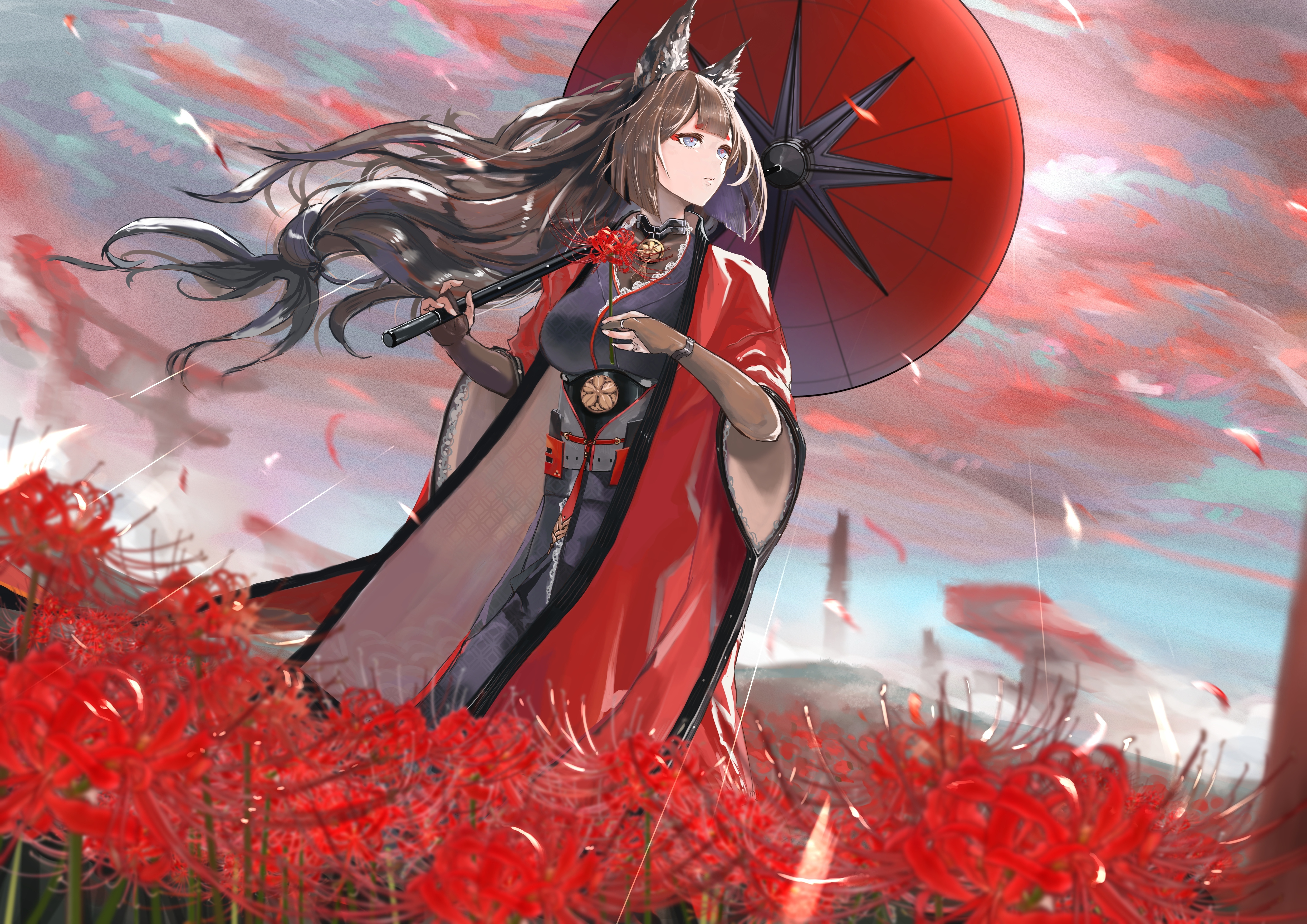 Wallpaper Azur Lane, Red Flowers, Long Hair, Field, Amagi:4961x3508