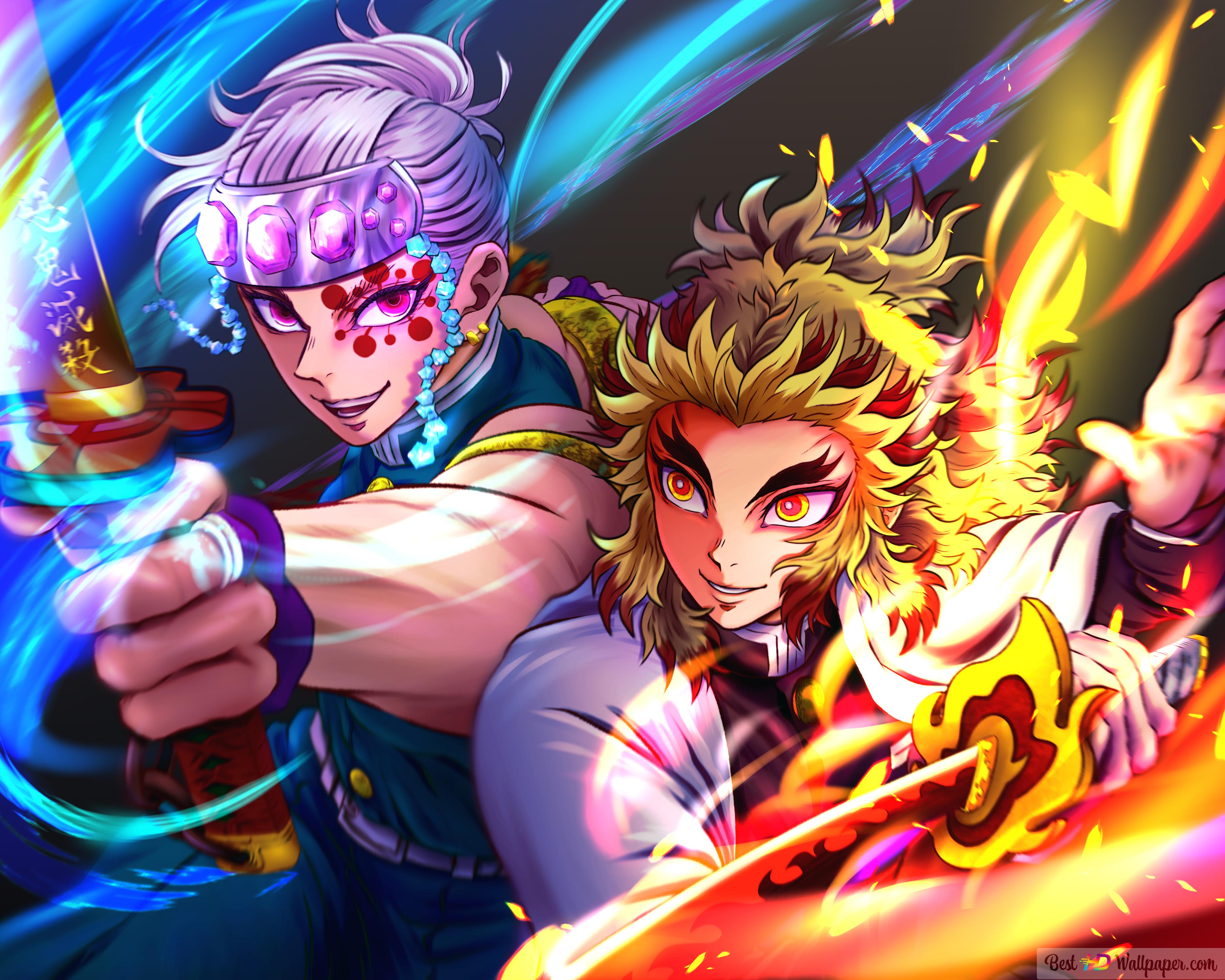 Demon slayer: kimetsu no yaiba kyojuro rengoku tengen uzui fighting together HD wallpaper download