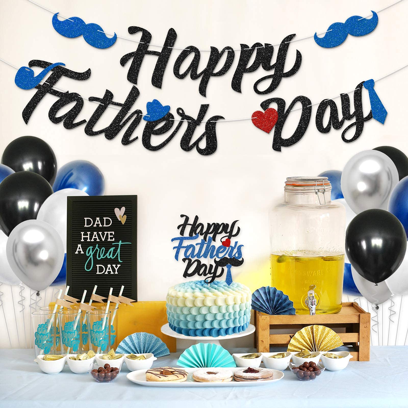 Happy Father's Day Party Decorations Set, Father's Day Balloons Banners Cake Topper Set, 2022 Charming Dad's Day Photo Booth Props, Papa's Party Decorative Backdrop Supplies, Home & Kitchen