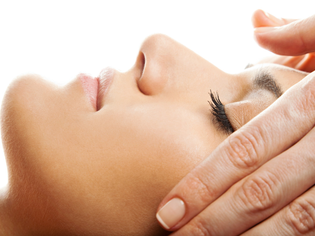 Download wallpaper woman, face, hands, aesthetic treatments, section girls in resolution 1024x768